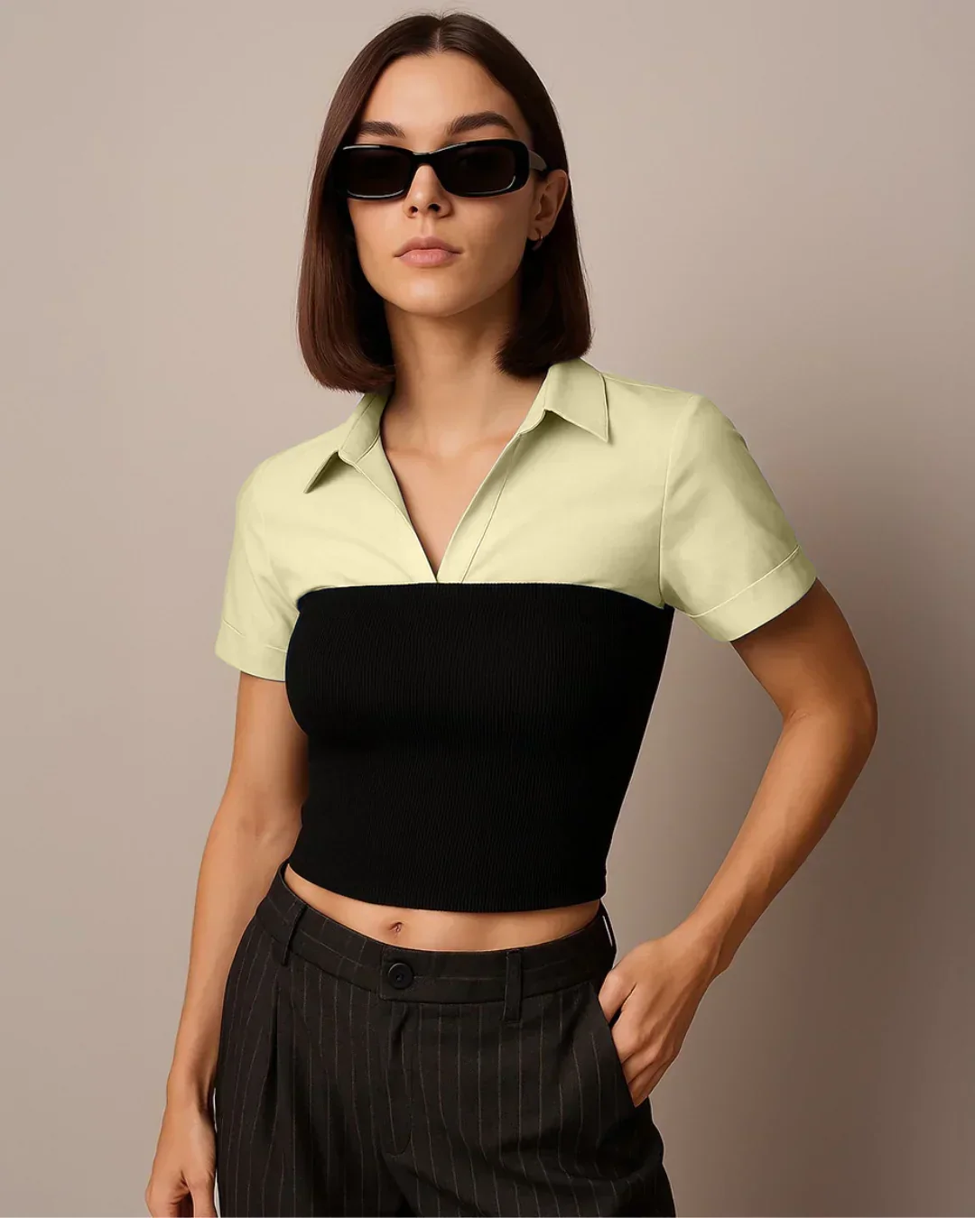 Collar Two Tone Patchy Short Sleeve Shirt In Vanilla and Black - Image 3