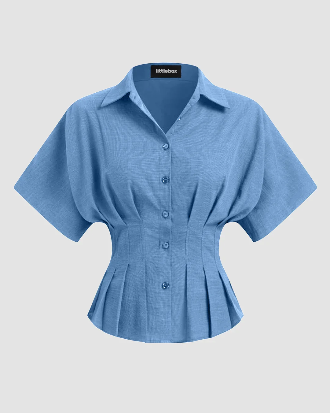 Collar V-neck Pleated Short Sleeve Shirt in Light Blue - Image 2