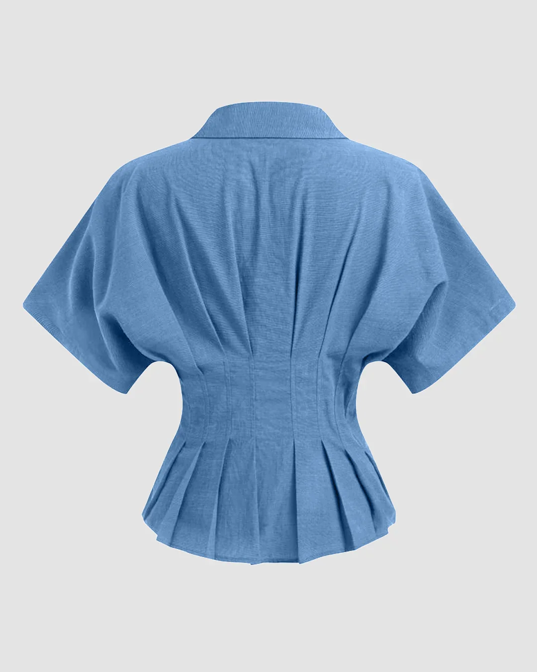 Collar V-neck Pleated Short Sleeve Shirt in Light Blue - Image 3