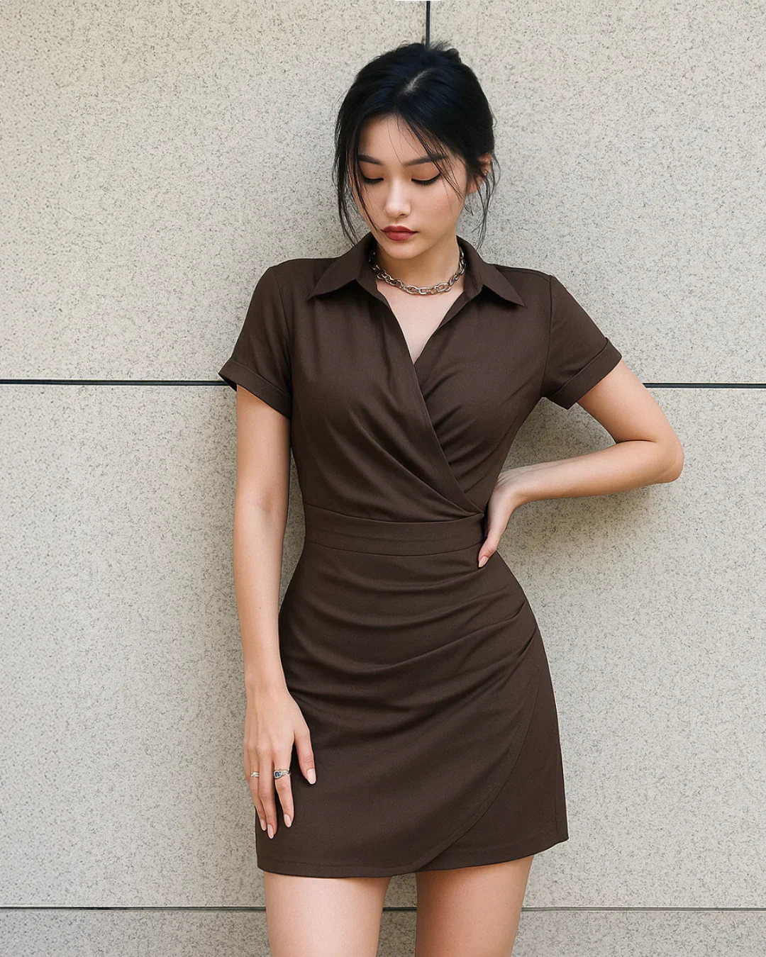 Brown Mini Dress with Collared Neck Wrap Detail in Dark Brown - Image 2