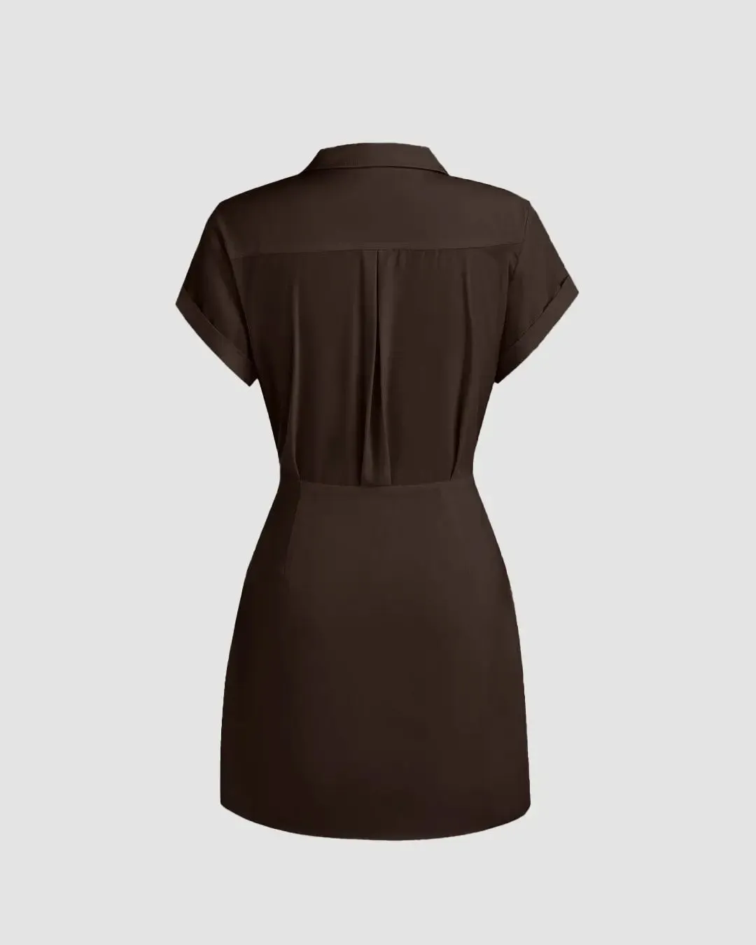 Brown Mini Dress with Collared Neck Wrap Detail in Dark Brown - Image 3
