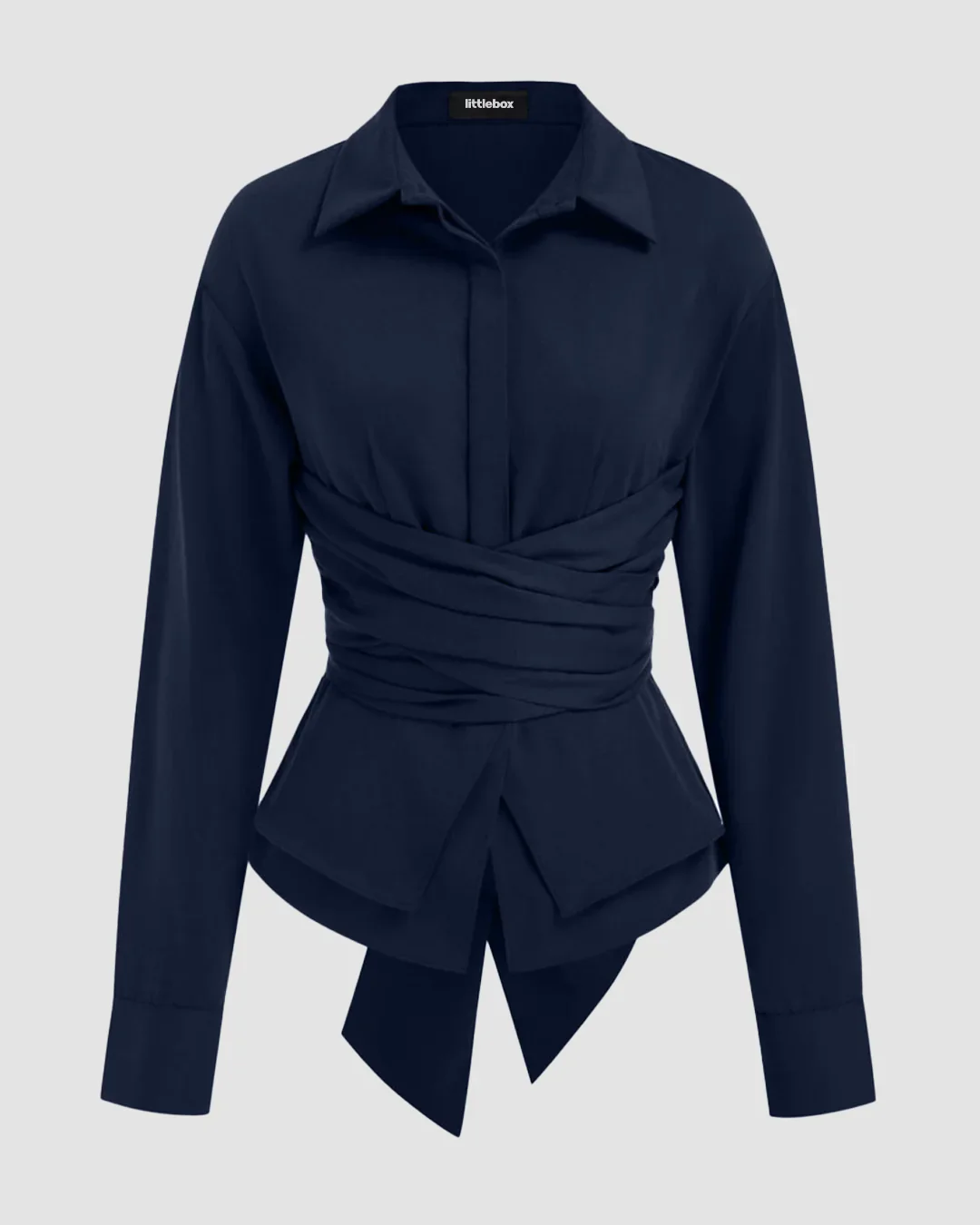 Collar Wrap Ruched Bowknot Long Sleeve Top in Navy Blue - Image 2