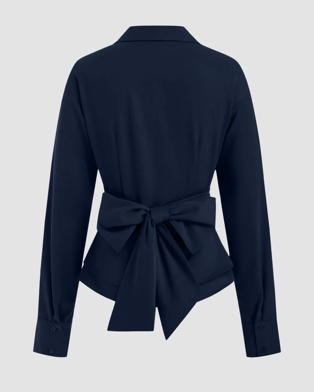 Collar Wrap Ruched Bowknot Long Sleeve Top in Navy Blue - Image 3