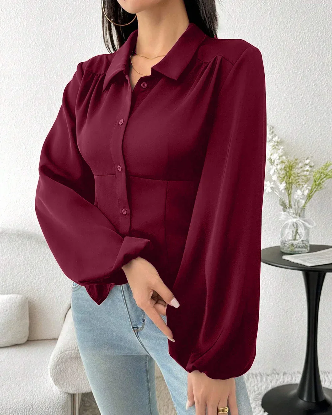Collared Button-Down Fitted Long Sleeve Shirt in Raspberry - Image 2