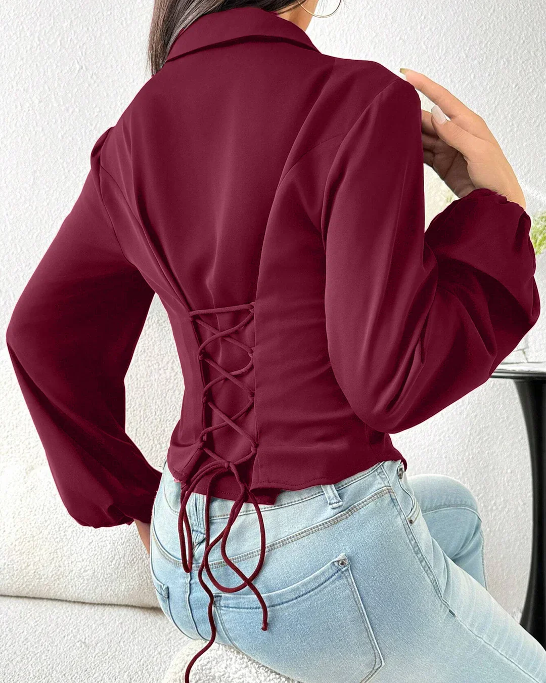 Collared Button-Down Fitted Long Sleeve Shirt in Raspberry - Image 3