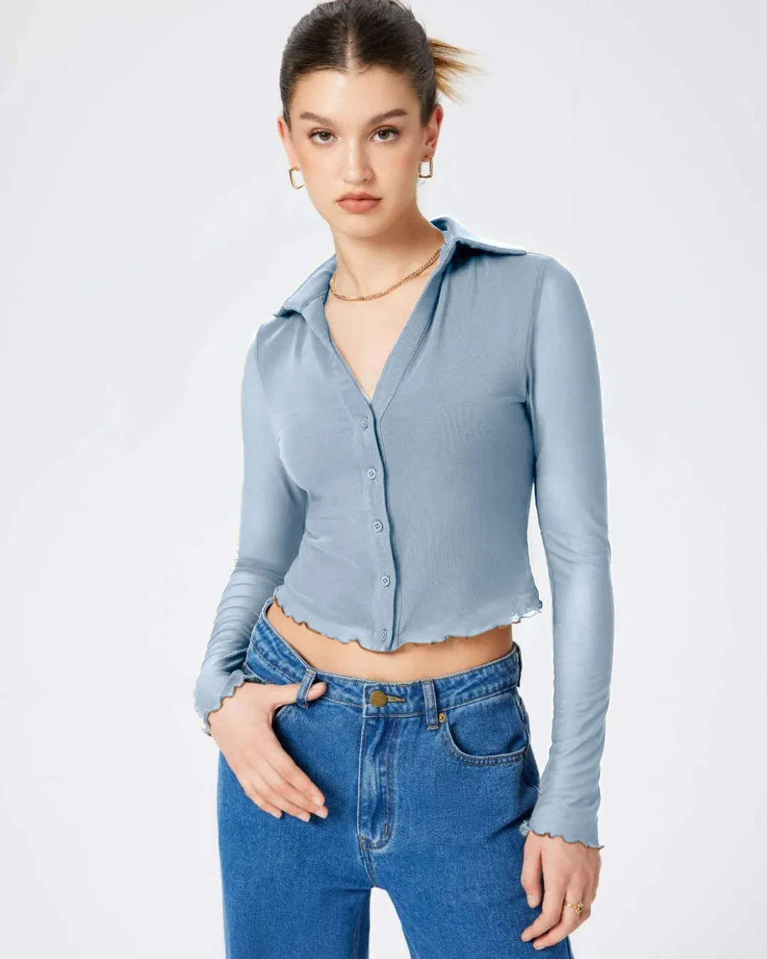 Collared Button Up Full Sleeve Dusty Blue Shirt - Image 3