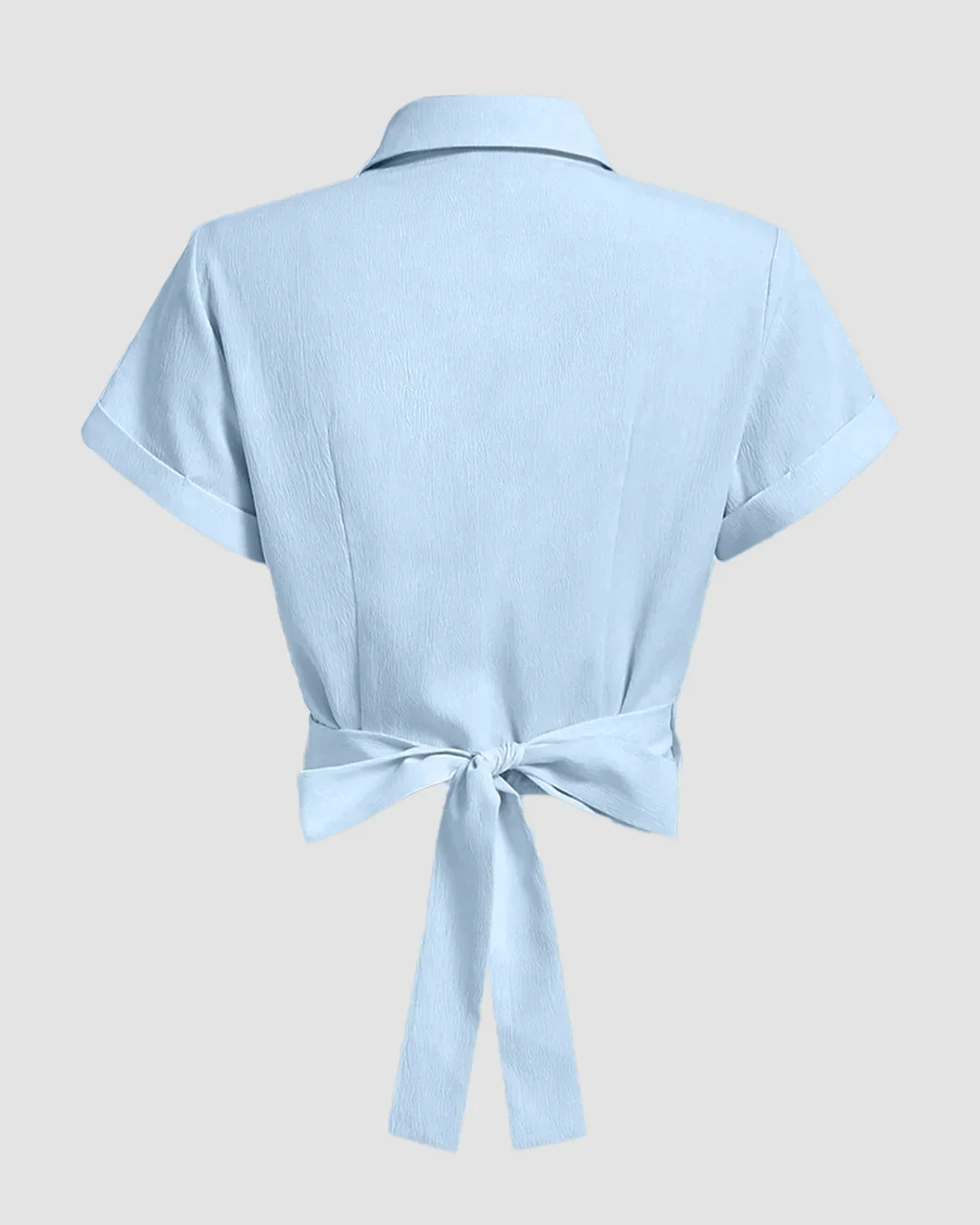 Collared Cross Hem Solid Short Sleeve Back Bow Shirt in Light Blue - Image 2