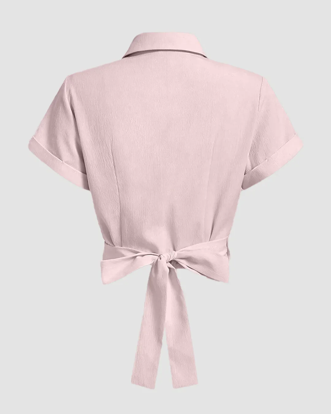 Collared Cross Hem Solid Short Sleeve Back Bow Shirt in Pink - Image 2