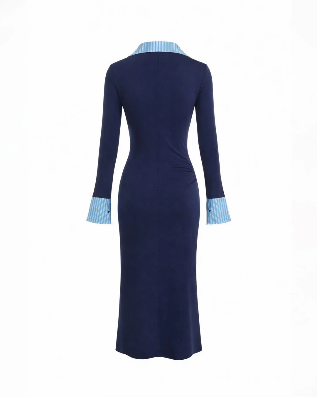 Collared Layered flared Cuff sleeves Ruched Dress in Navy Blue - Image 2