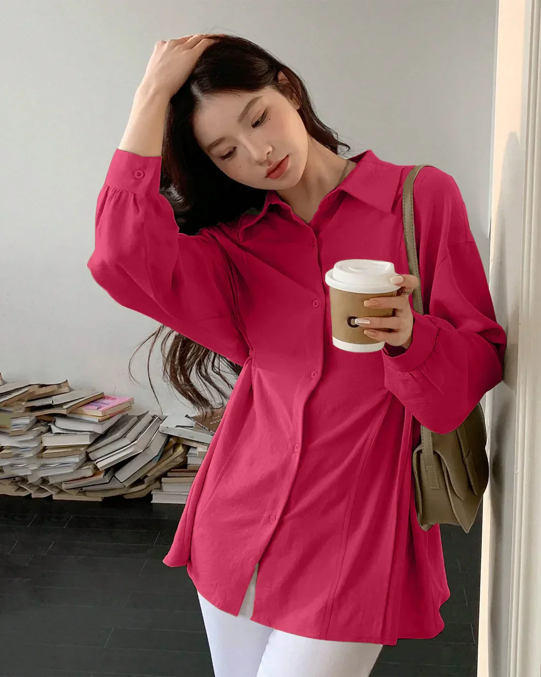 Collared Neck Long Sleeve Structured Flared Top in Pink - Image 2