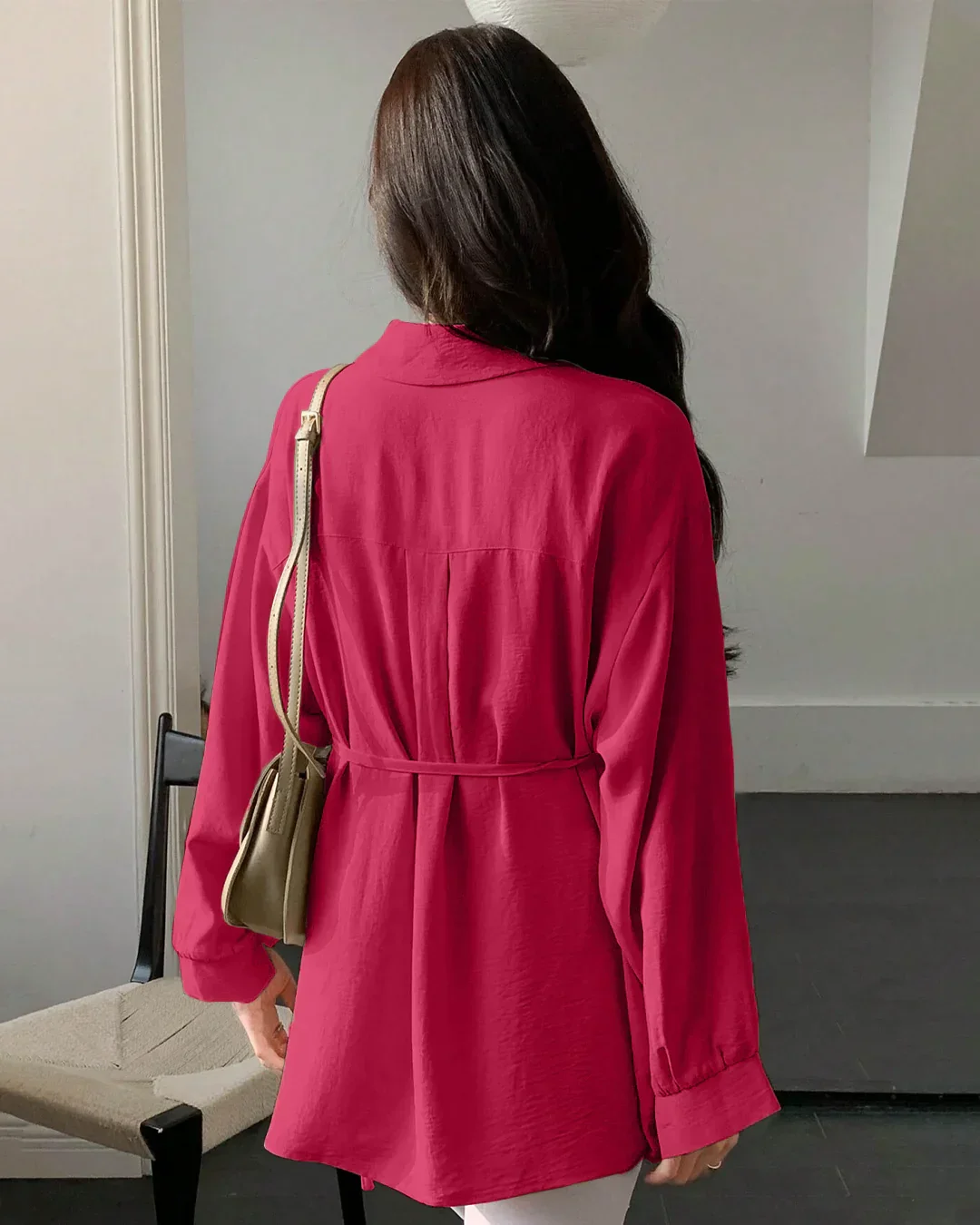 Collared Neck Long Sleeve Structured Flared Top in Pink - Image 3