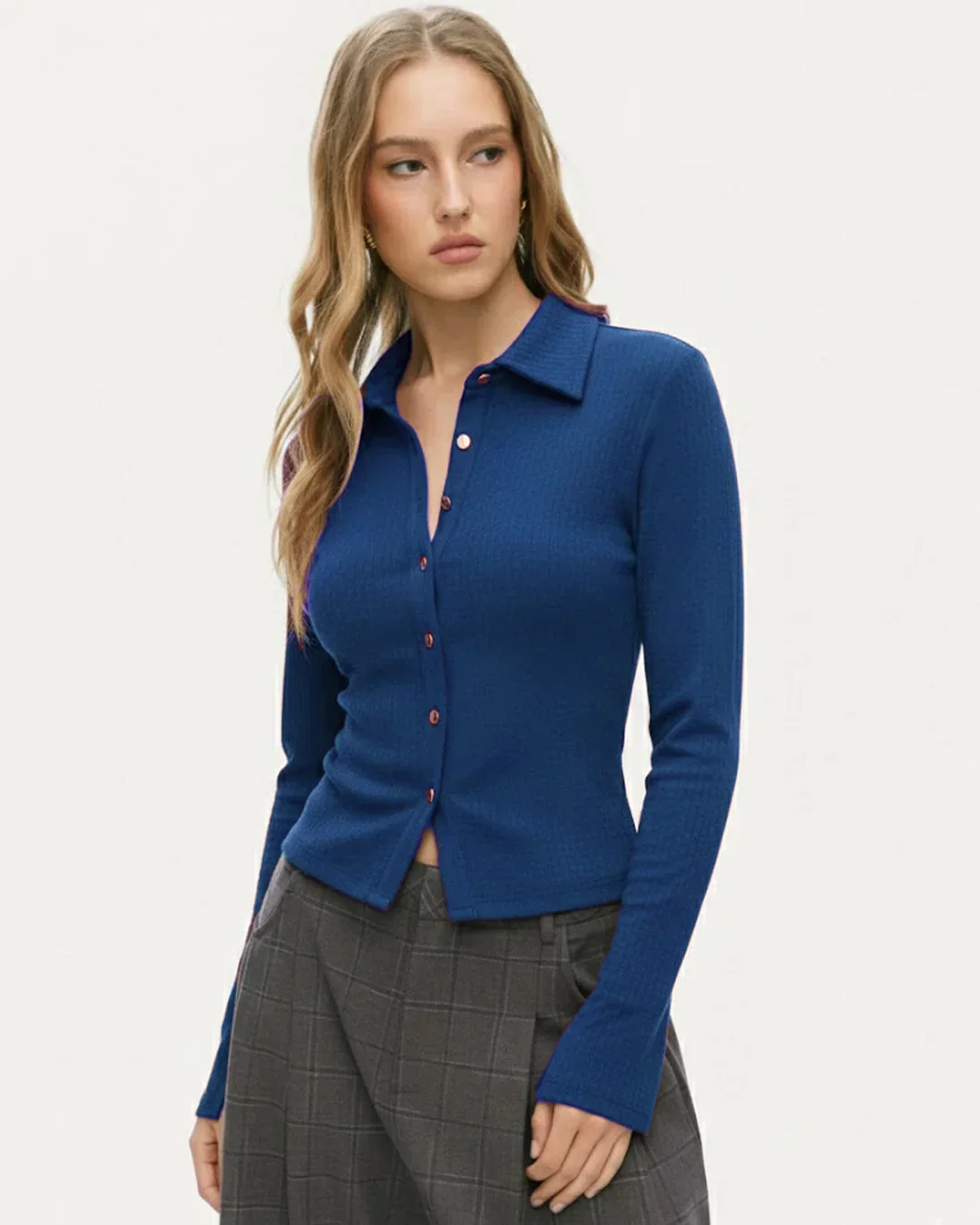 Collared Neck Metal Detail Split Top in Royal Blue - Image 3