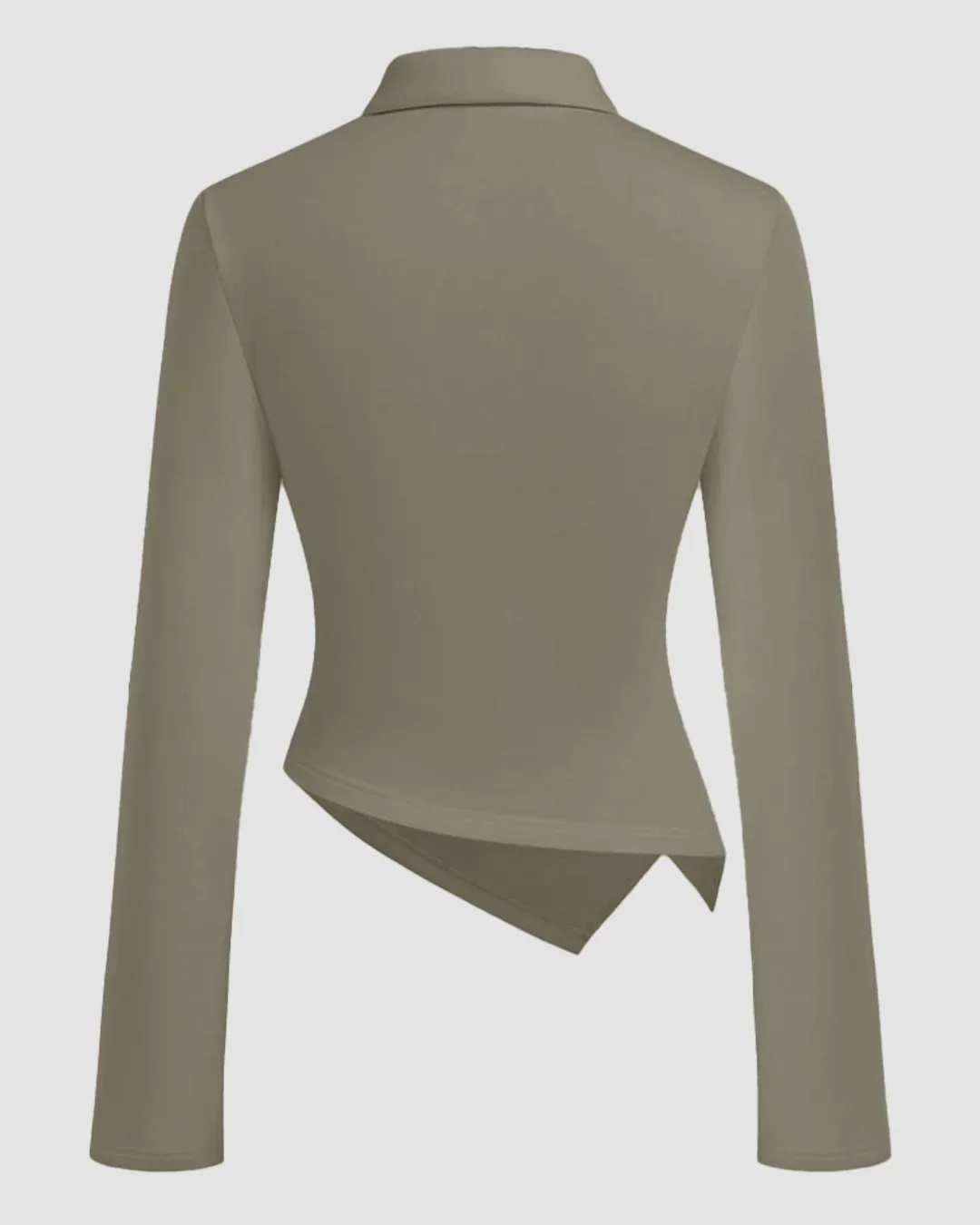 Collared Ruched Polo Long Sleeve Top with Asymmetric Hem in Olive - Image 2