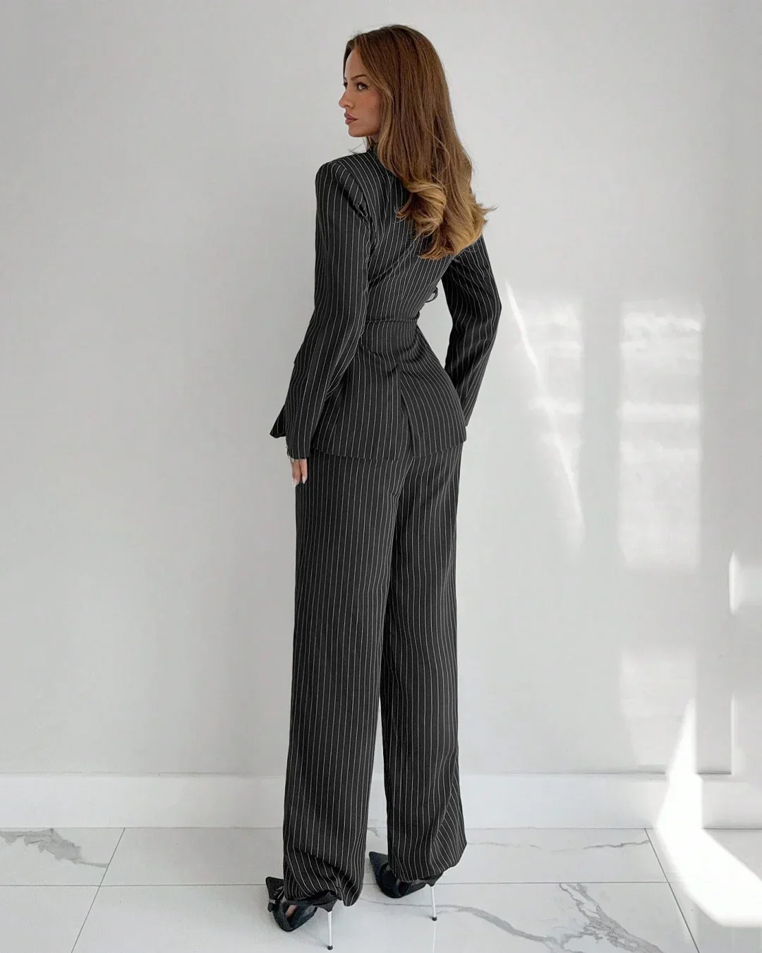 Collared Slim Fit A-Line Hem Striped Long Sleeve Blazer and Trouser Suit Set - Image 2
