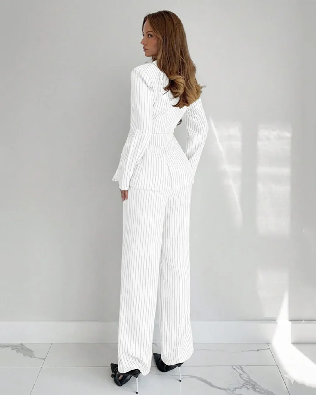 Collared Slim Fit A-Line Hem Striped Long Sleeve Blazer and Trouser Suit Set in White - Image 2