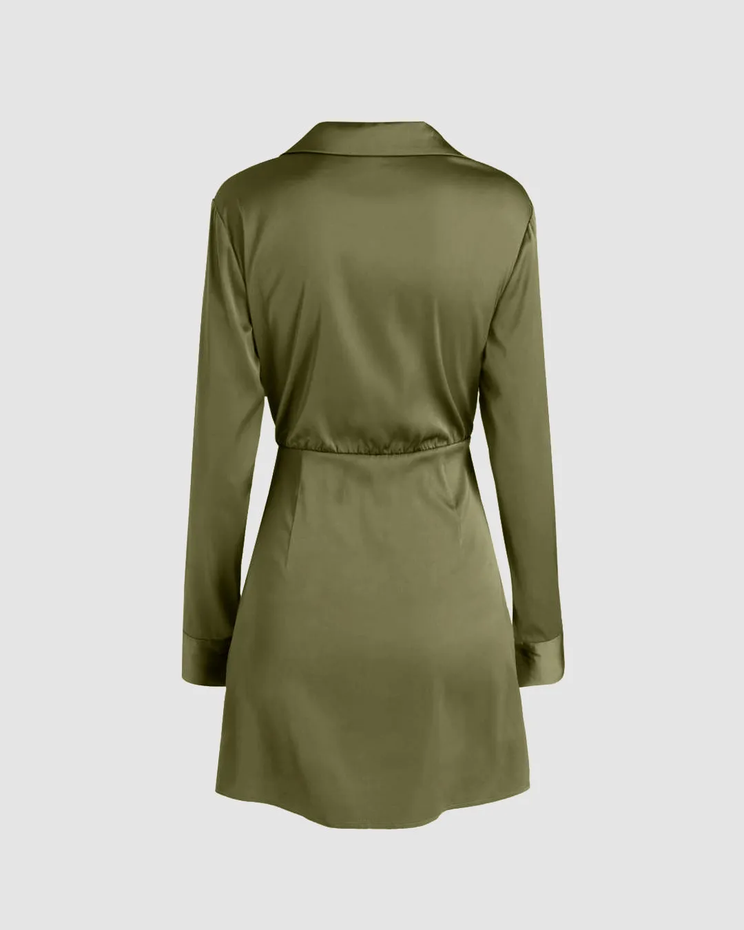 Collared V-Neck Long Sleeve Herbal Green Mini Dress - Image 2