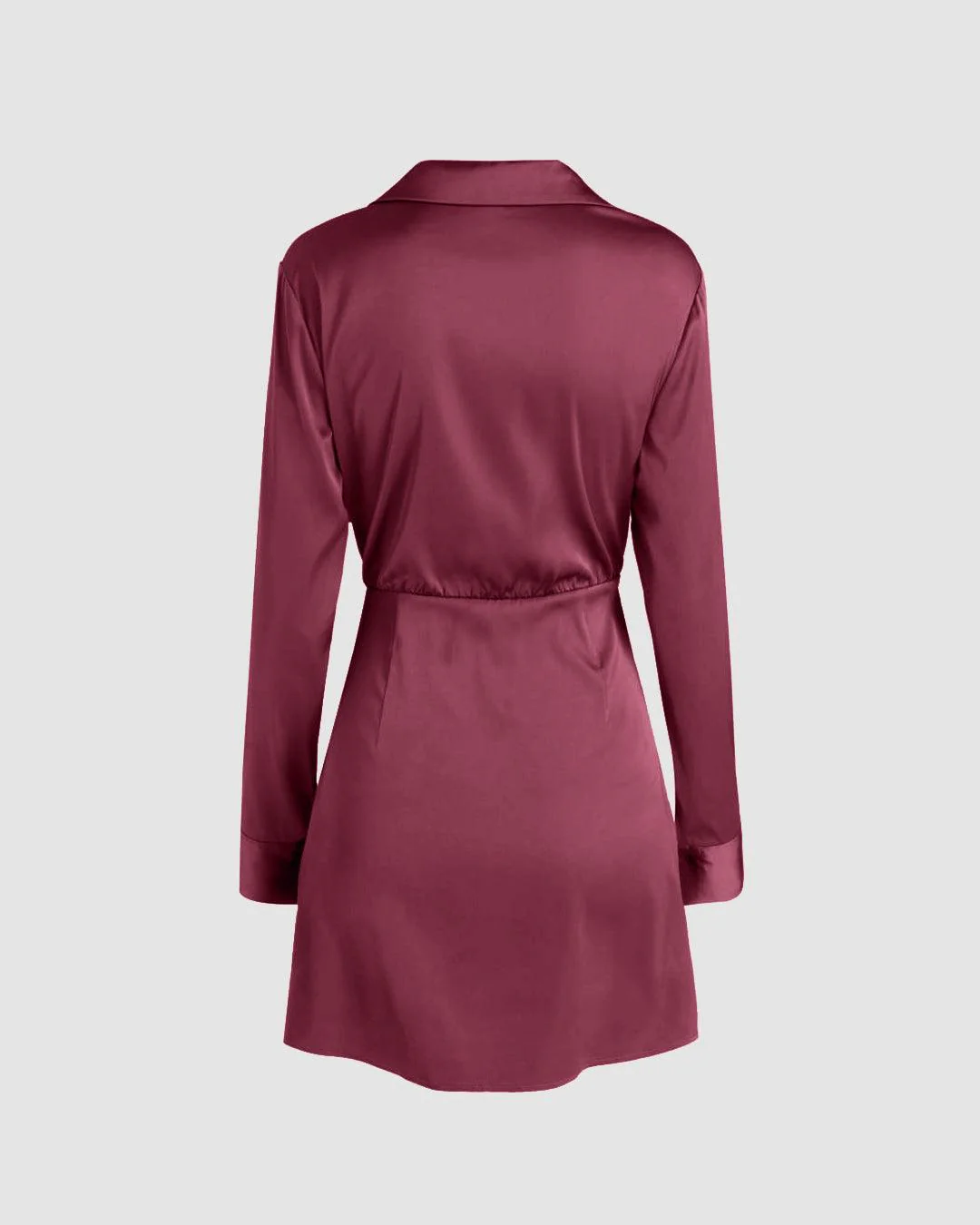 Collared V-Neck Long Sleeve Rose Red Mini Dress - Image 2