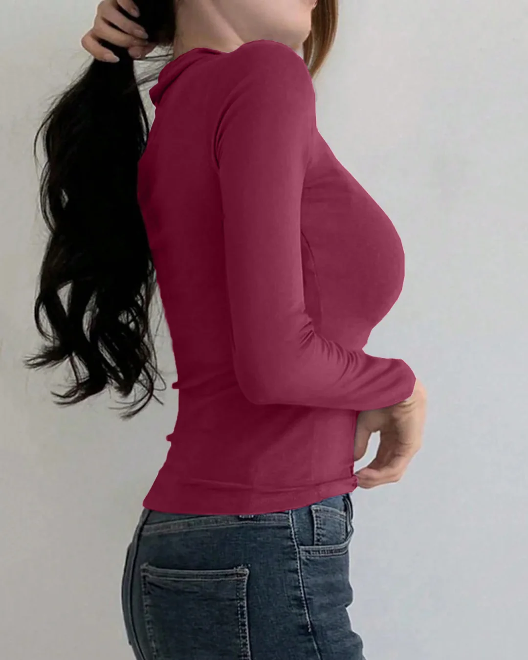 Collared V-Neck Slim Fit Solid Full Sleeve Crop Top in Maroon - Image 2