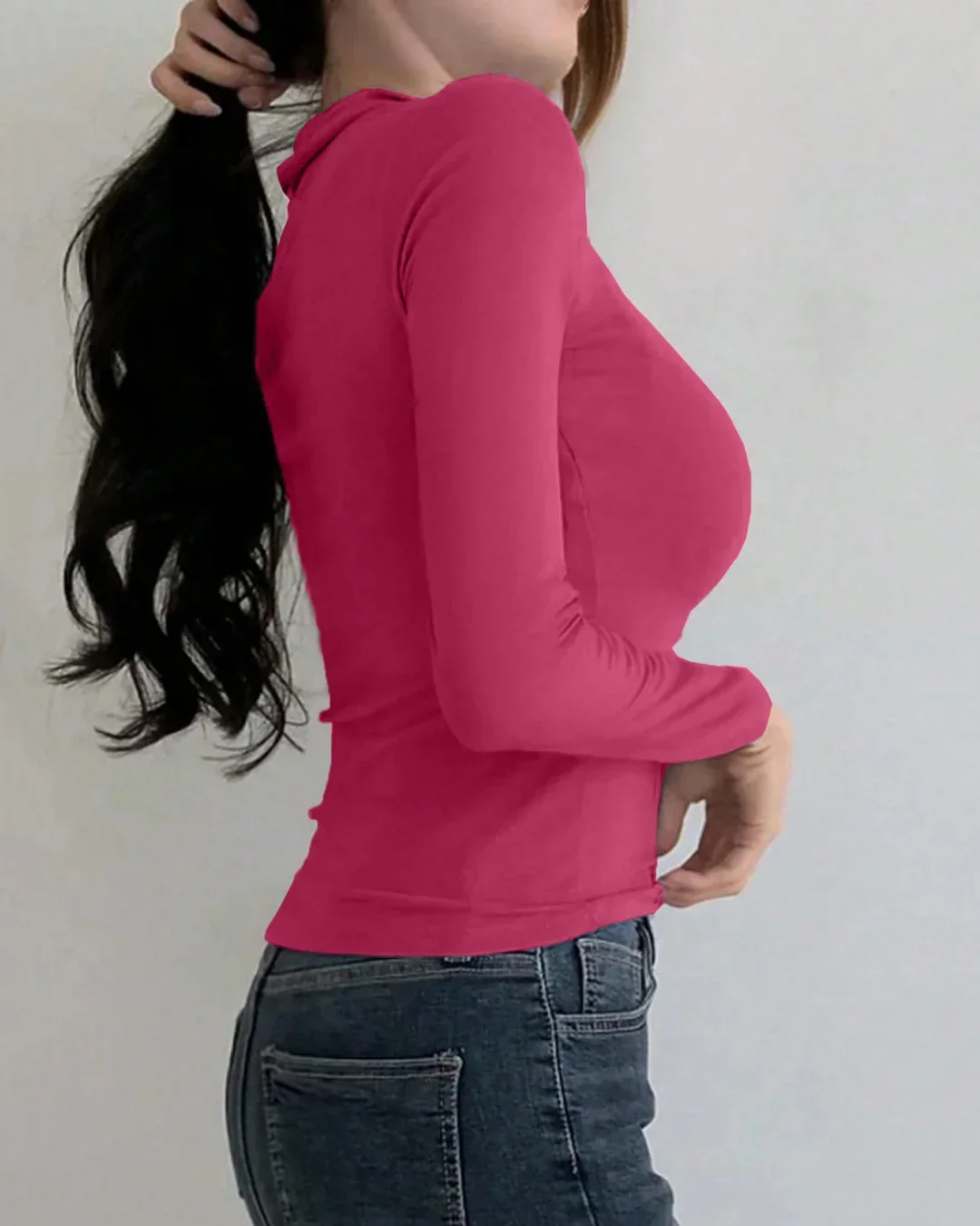 Collared V-Neck Slim Fit Solid Full Sleeve Crop Top in Ruby - Image 2