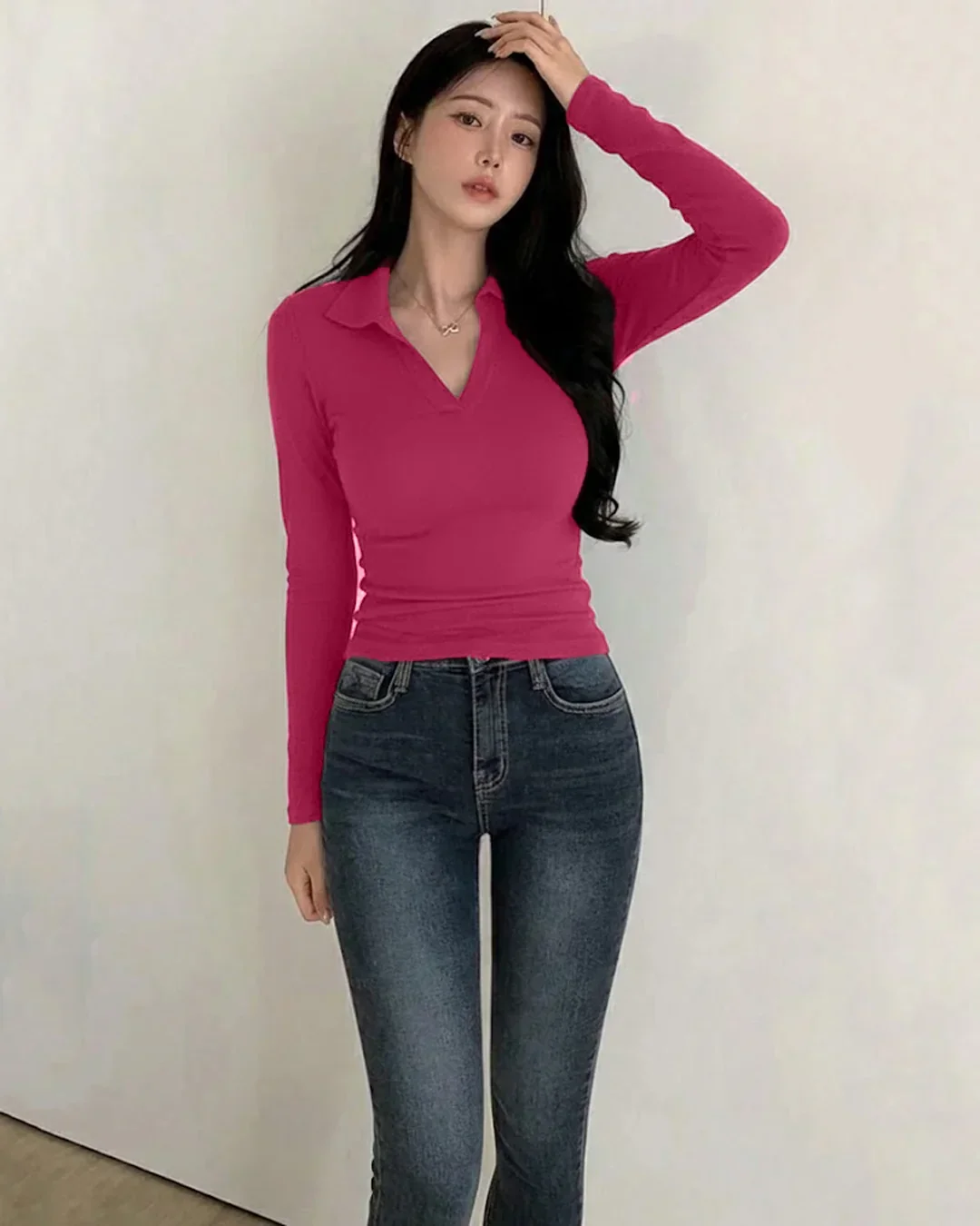 Collared V-Neck Slim Fit Solid Full Sleeve Crop Top in Ruby - Image 3