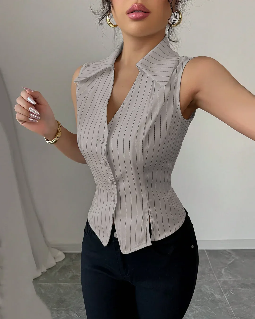 Collared V-Neck Slim Fit Straight Hem Pinstripe Sleeveless Top - Image 3