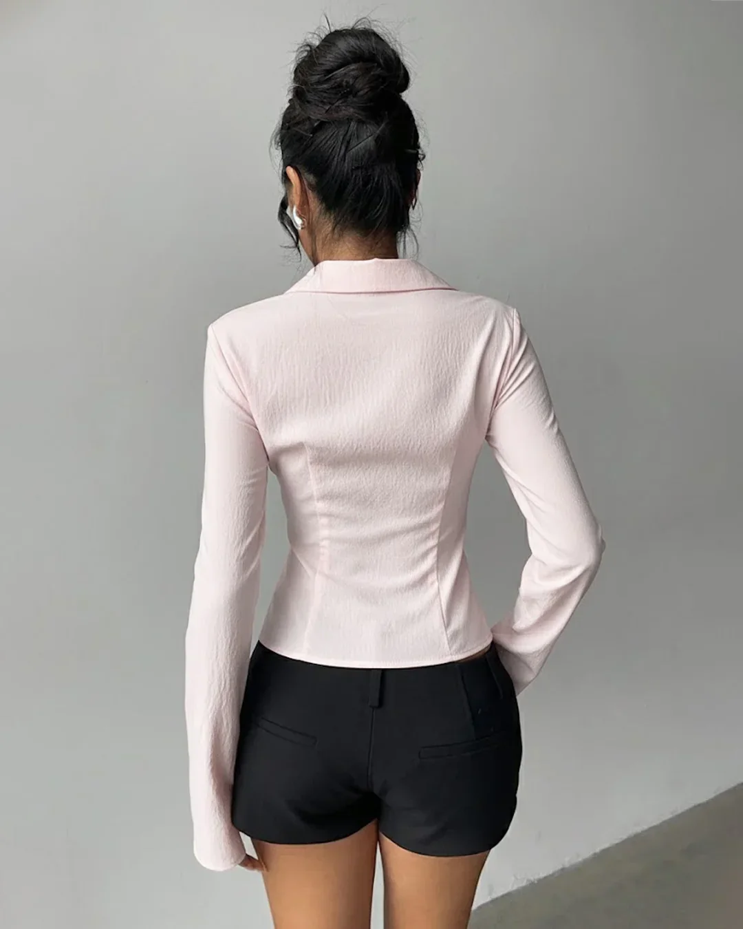 Collared V-Neck Slim Fit Straight Hem Ruched Waist Top in Baby Pink - Image 2
