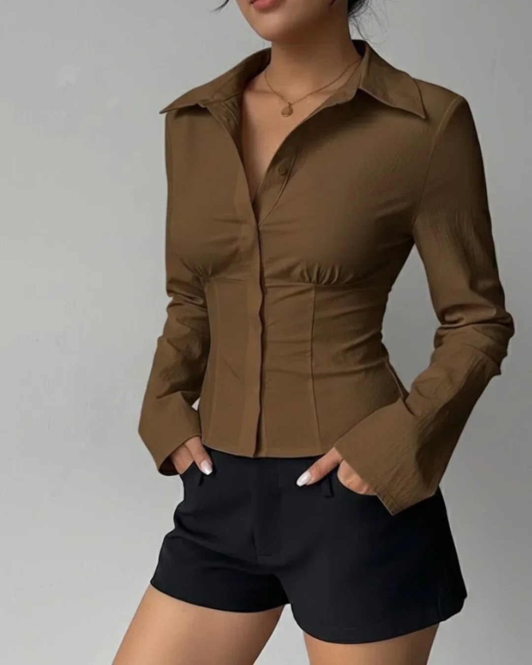 Collared V-Neck Slim Fit Straight Hem Ruched Waist Top in Brown - Image 2