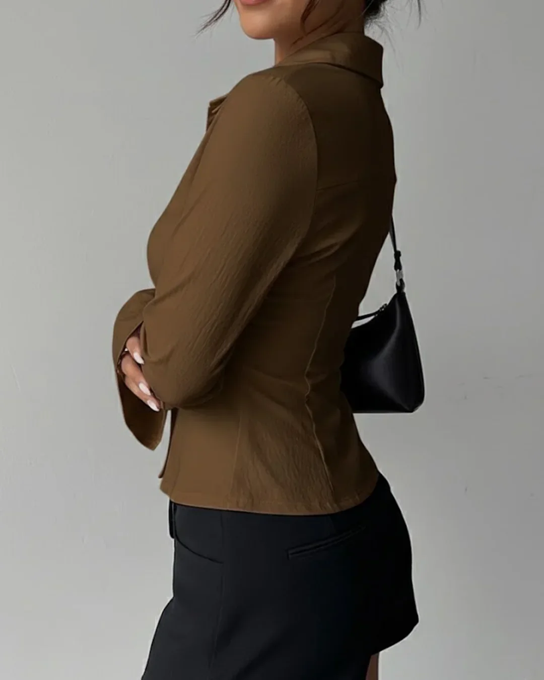 Collared V-Neck Slim Fit Straight Hem Ruched Waist Top in Brown - Image 3