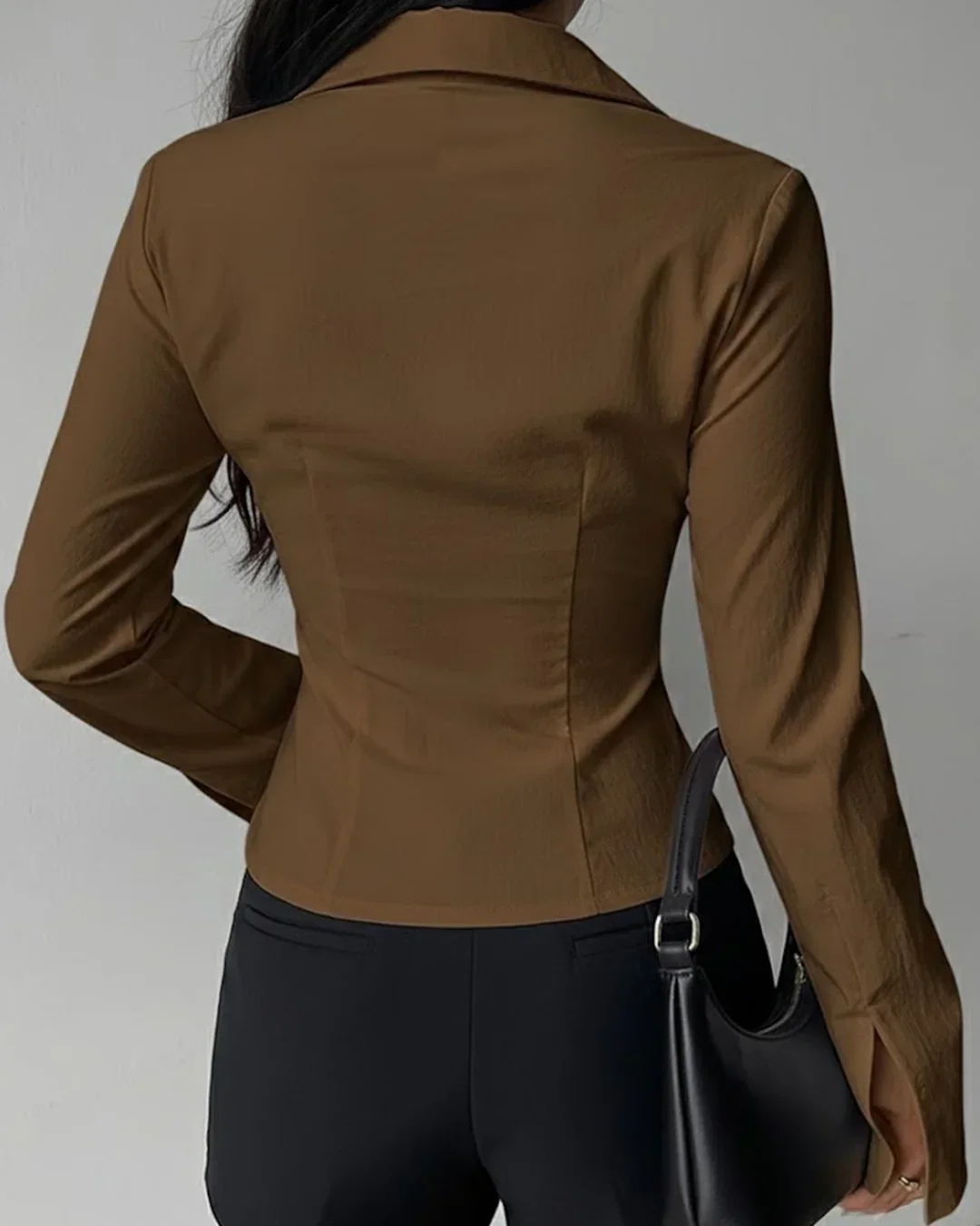 Collared V-Neck Slim Fit Straight Hem Ruched Waist Top in Brown - Image 4