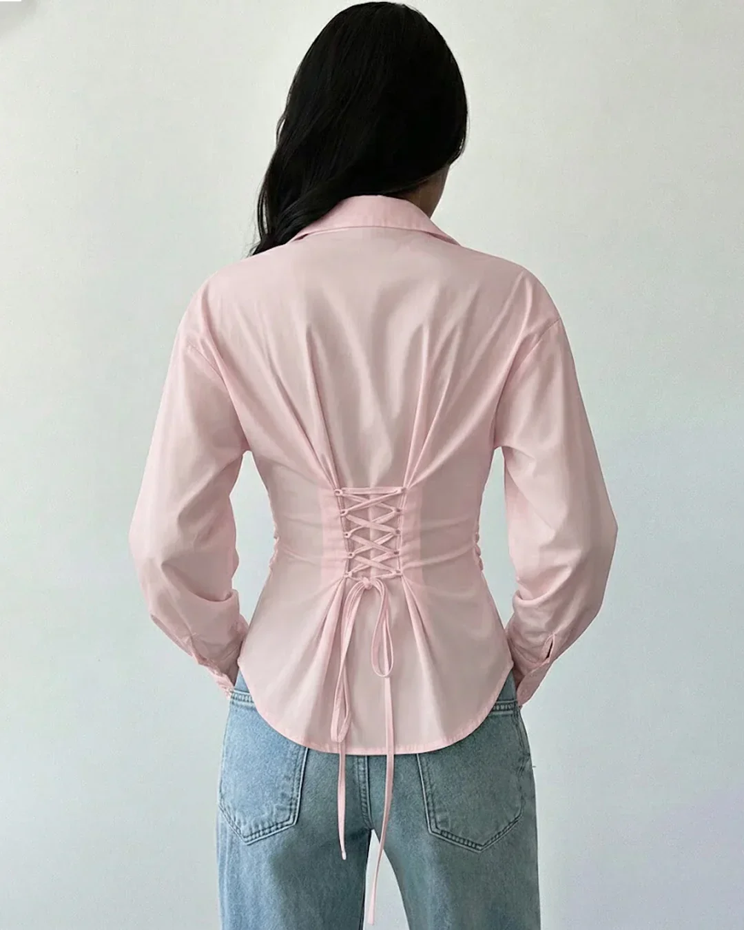 Collared V-Neck Slim Fit Striped Full Sleeve Shirt in Pink - Image 2