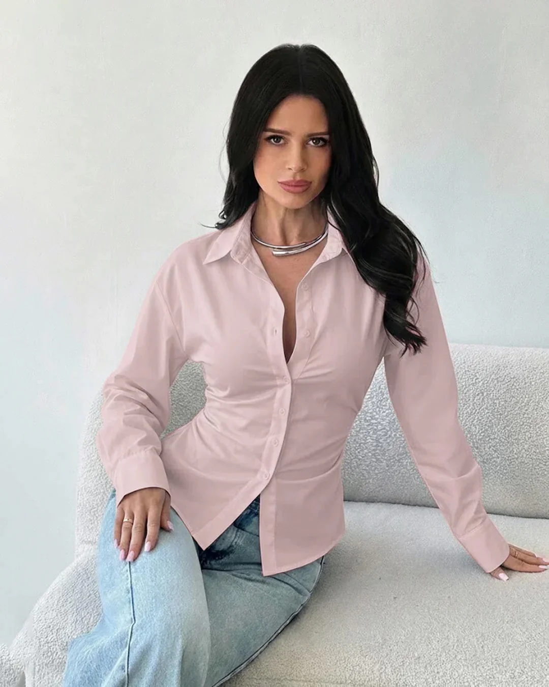 Collared V-Neck Slim Fit Striped Full Sleeve Shirt in Pink - Image 3
