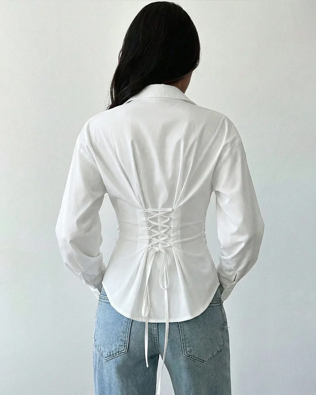 Collared V-Neck Slim Fit Striped Full Sleeve Shirt in White - Image 2