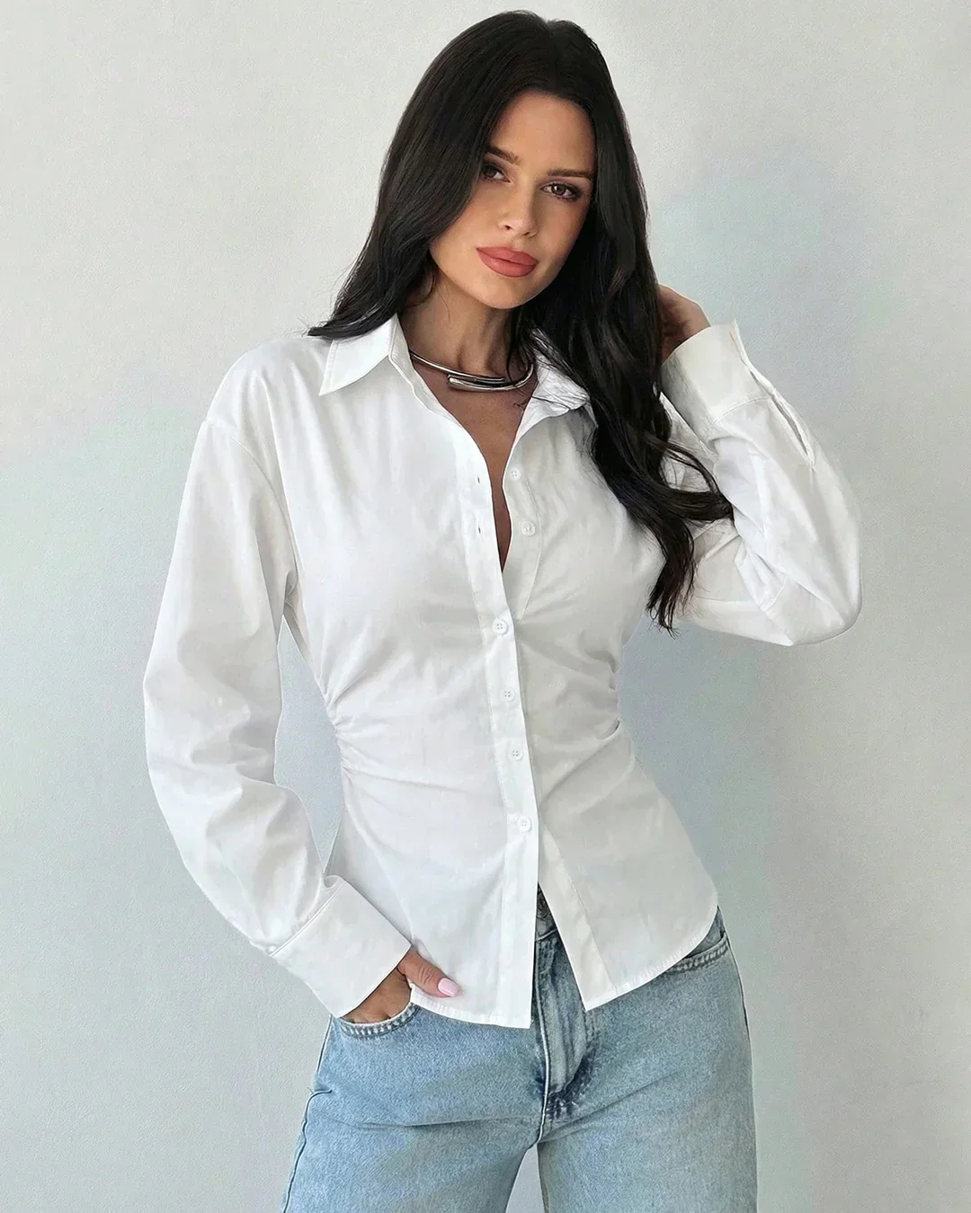 Collared V-Neck Slim Fit Striped Full Sleeve Shirt in White - Image 3