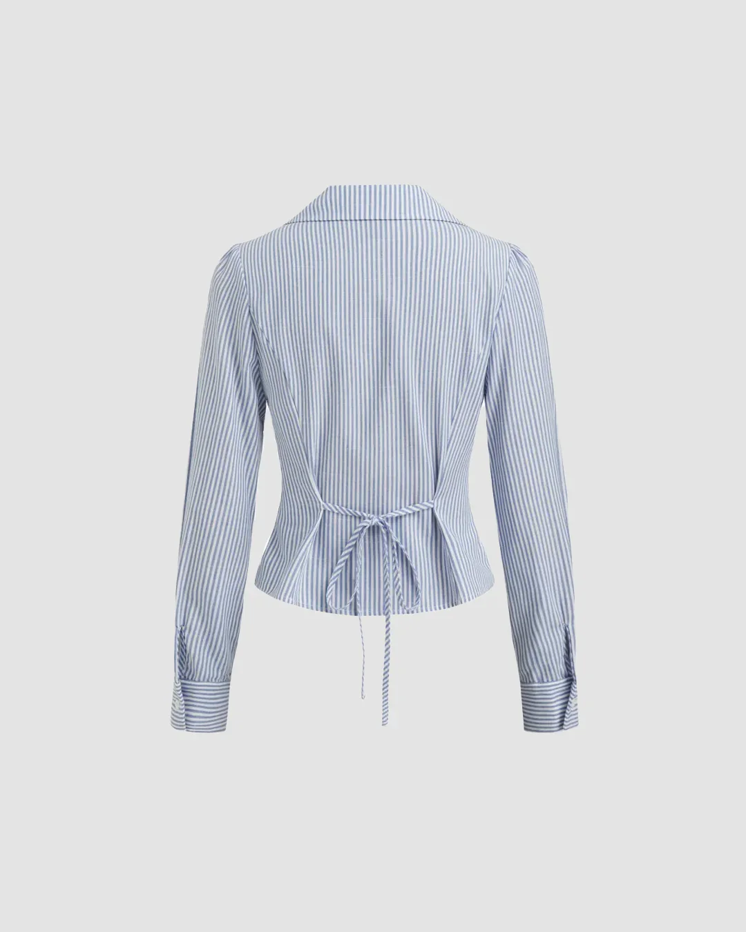 Collared V Neck Tie-Up Full Sleeve Top in Blue and White - Image 2