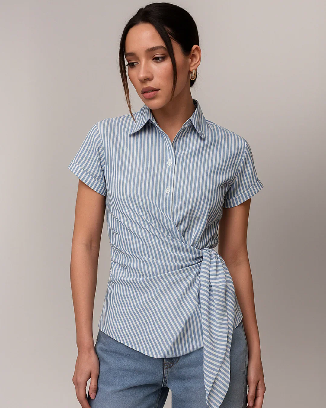 Collared V Neck Wrap Style Short Sleeve Shirt in Blue - Image 2