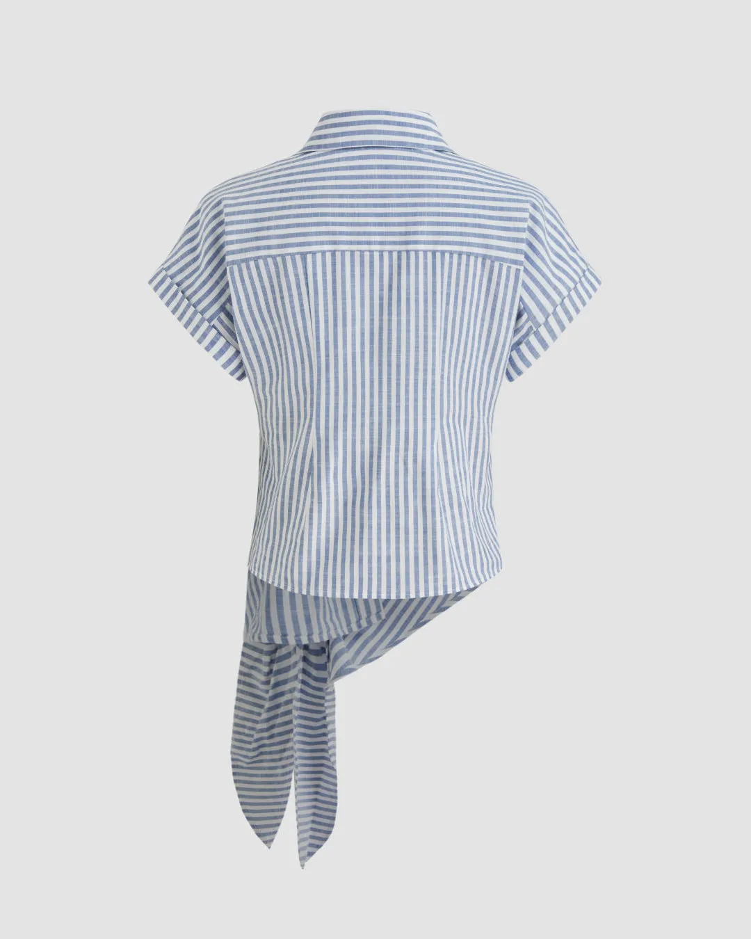 Collared V Neck Wrap Style Short Sleeve Shirt in Blue - Image 3