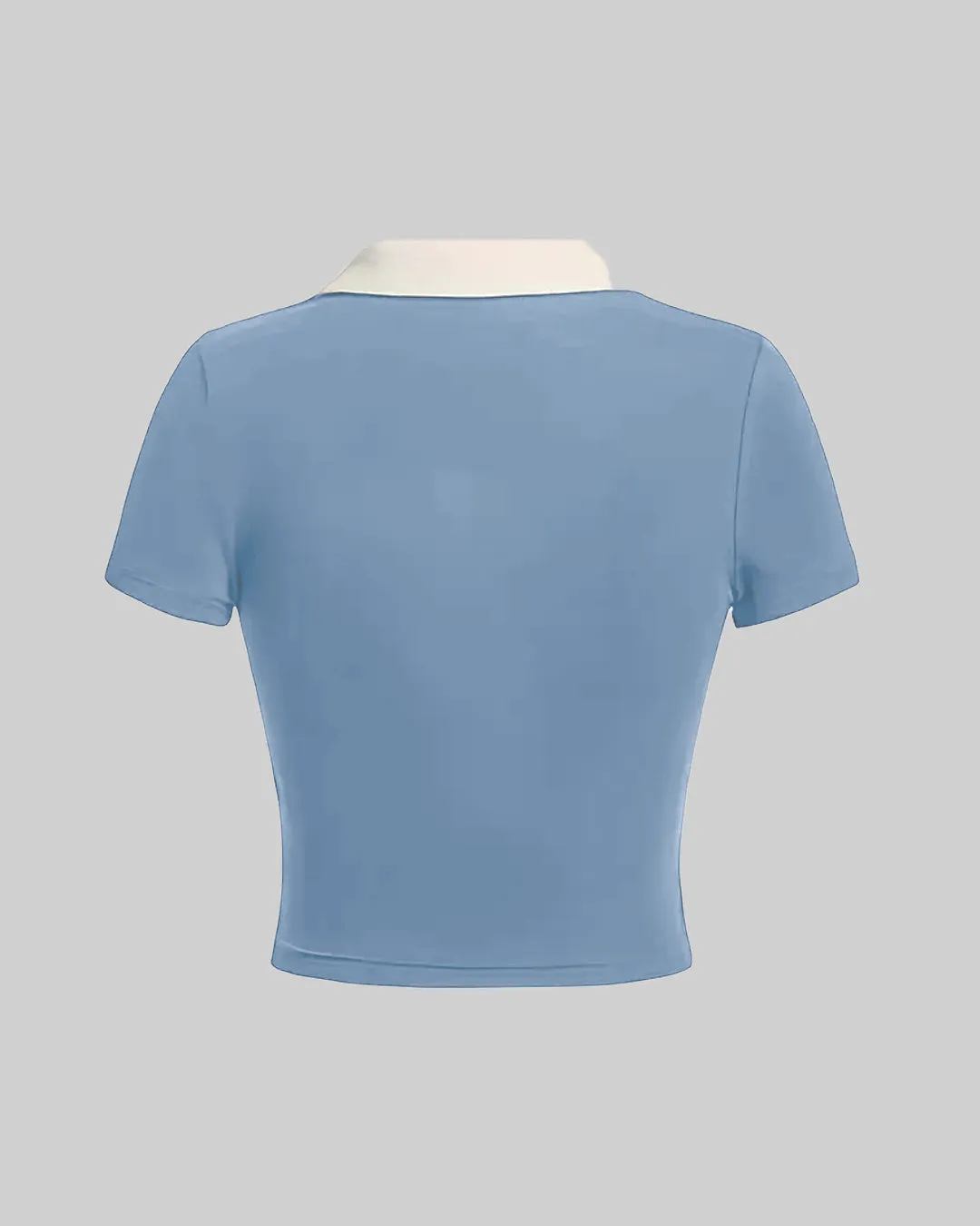 Color Block Knitted Tight-fitting Blue T-shirt With Contrast Collar - Image 2