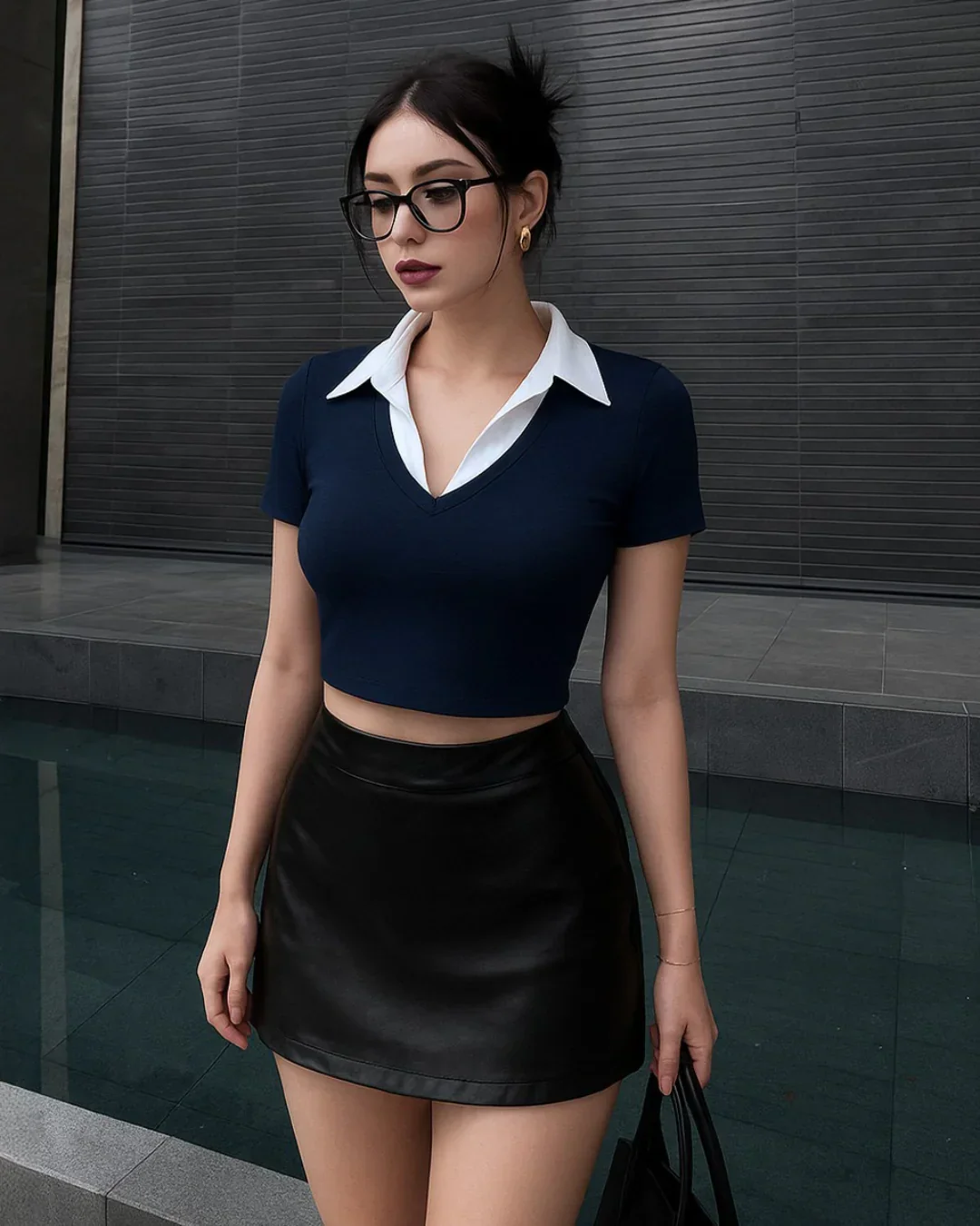 Color Block Knitted Tight-fitting Navy Blue T-shirt With Contrast Collar - Image 2