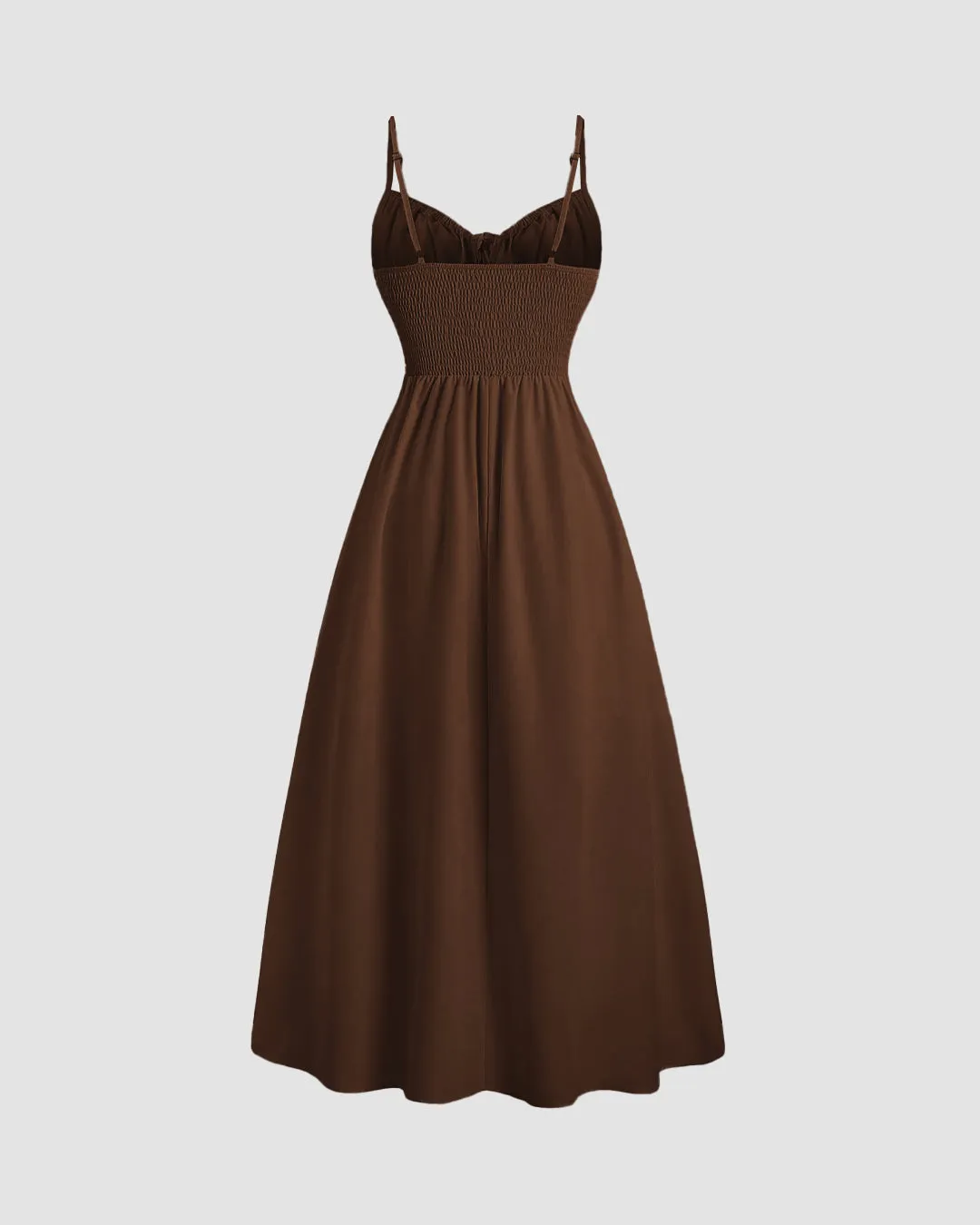 Color High Split Casual Spaghetti Strap Midi Dress In English Brown - Image 2