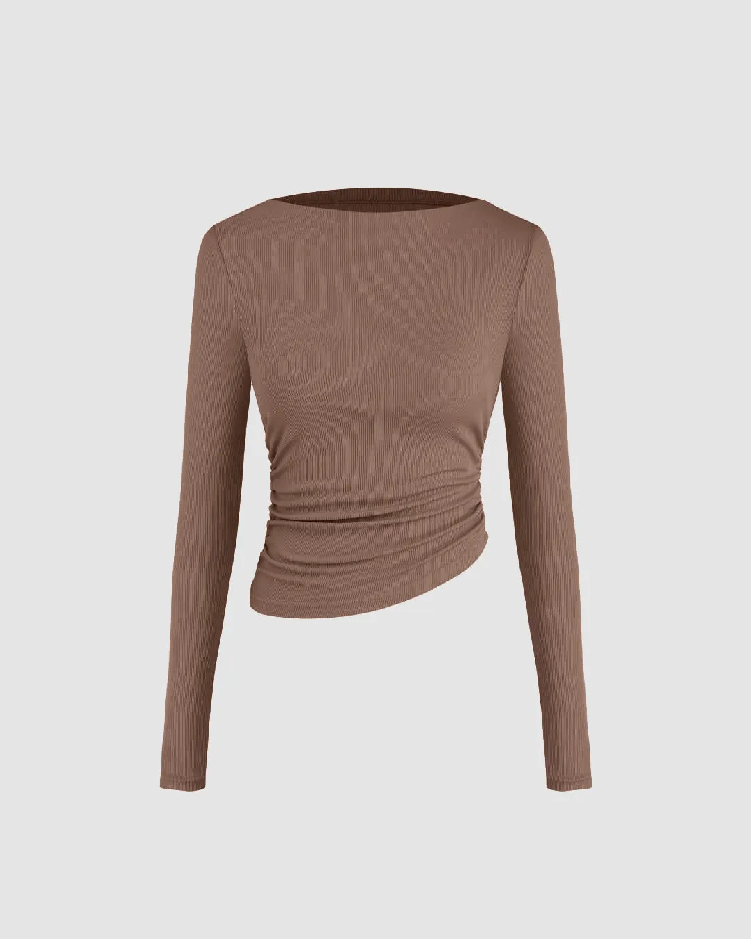 Combo :Asymmetrical Neck Ruched Long Sleeve Tee In Brown and Black - Image 2