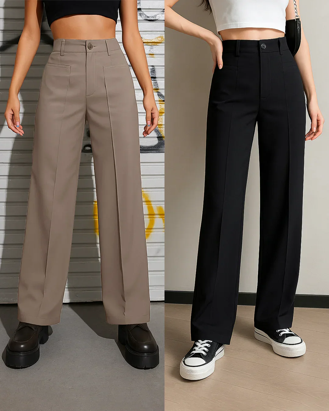 Combo : Korean Style Trousers With Baggy Fit In Black And Off-White - Image 8