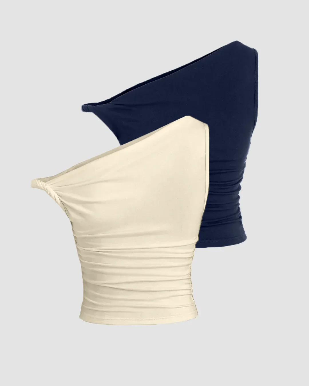 Combo of 2: One-Shoulder Ruched Crop Top in Beige and Navy Blue - Image 2