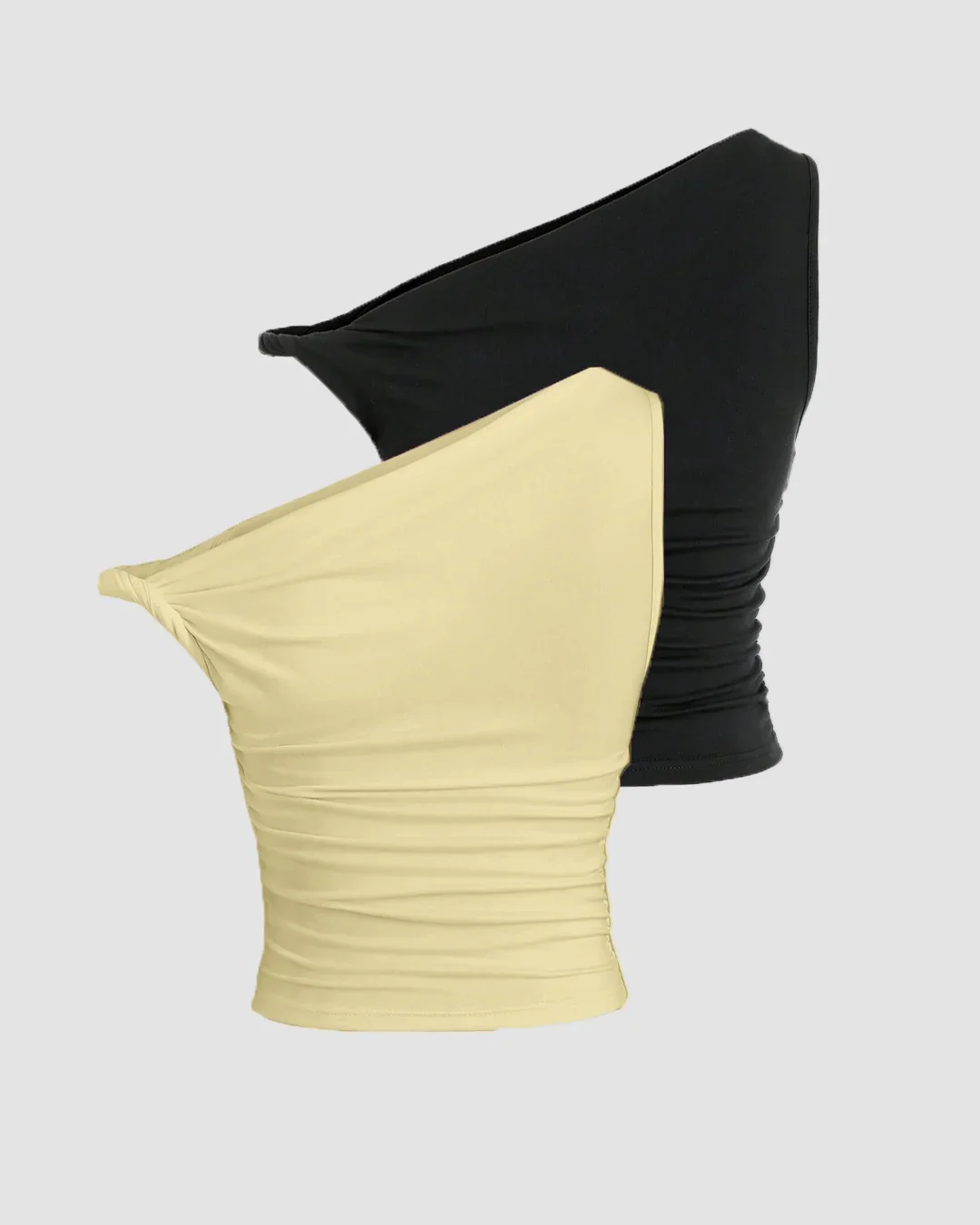 Combo of 2: One-Shoulder Ruched Crop Top in Black and  Vanilla - Image 2