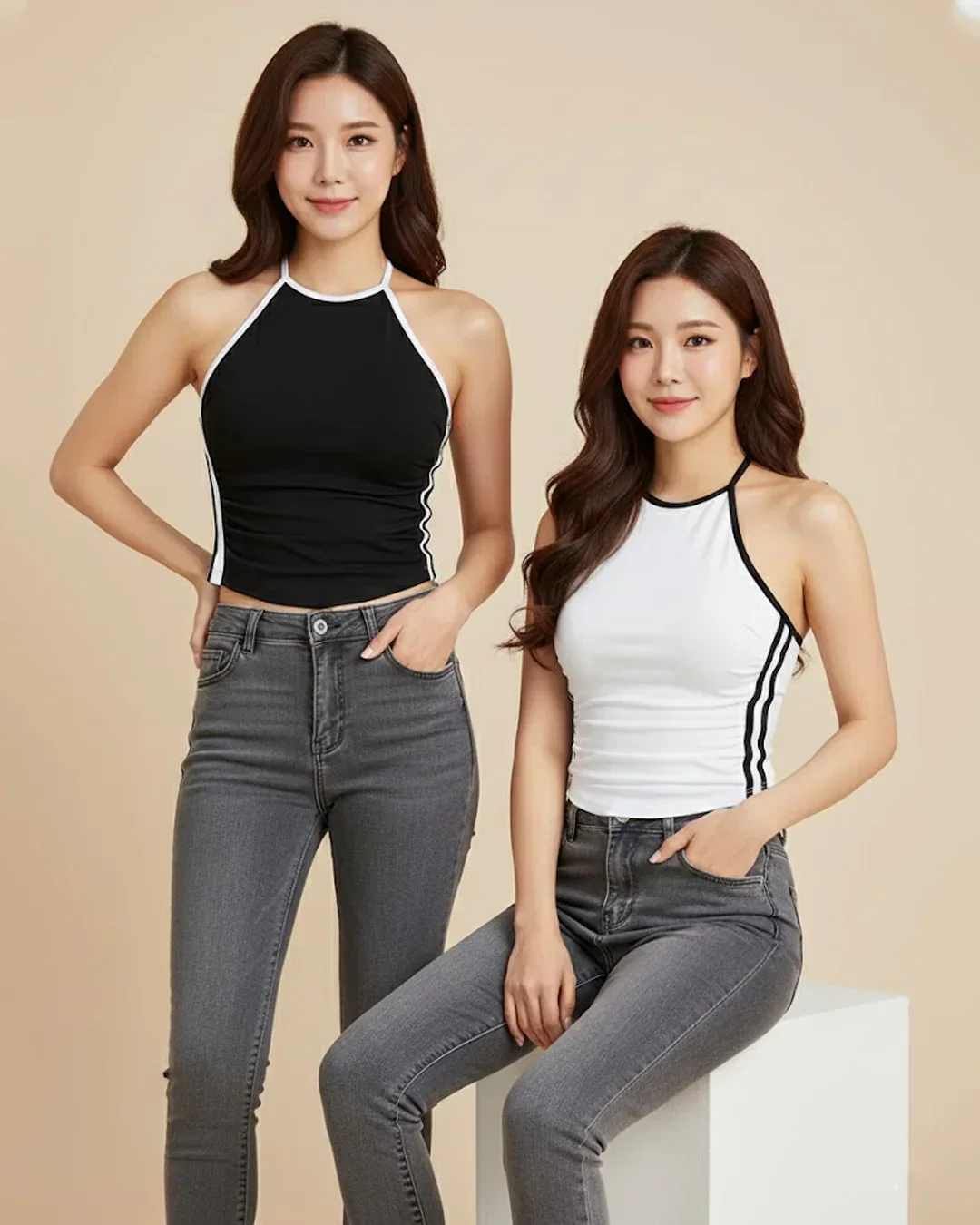 Combo of 2 : White and Black Halter Neck Lace-Up Sleeveless Top - Image 2