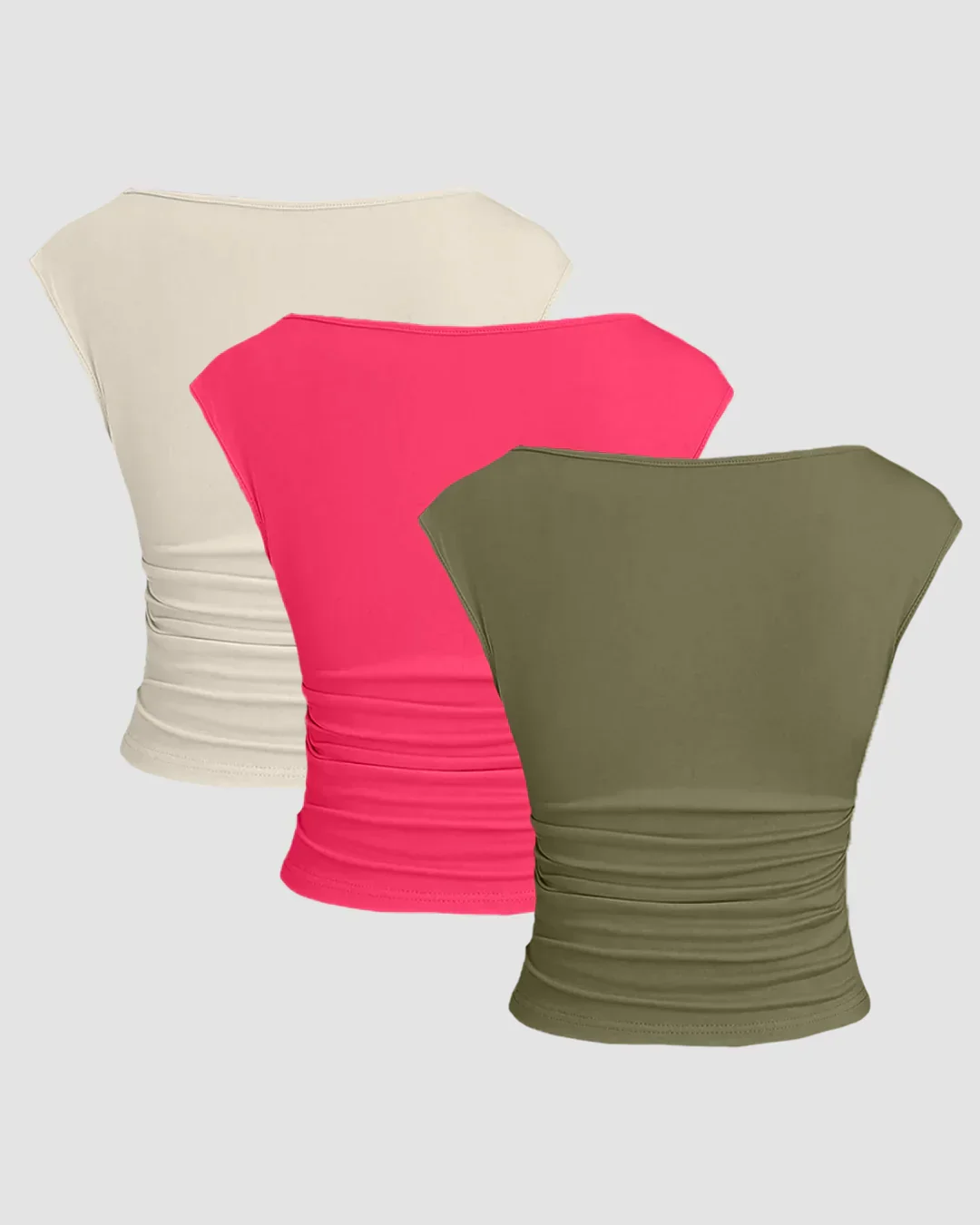 Combo of 3: Solid Ruched Tank Tops Combo in Apricot, Hot Pink & Avocado - Image 2