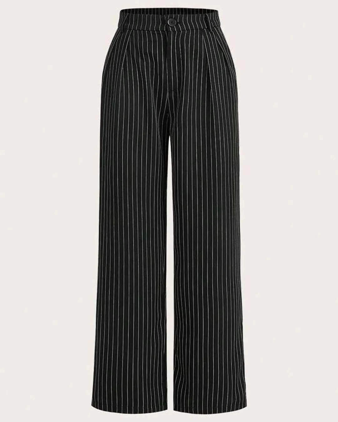Combo Of two : New Nostalgia Solid High Waist Pleated Wide Leg Pants In Offwhite & Trendy Korean Style Pinstripe Black Trousers - Image 4