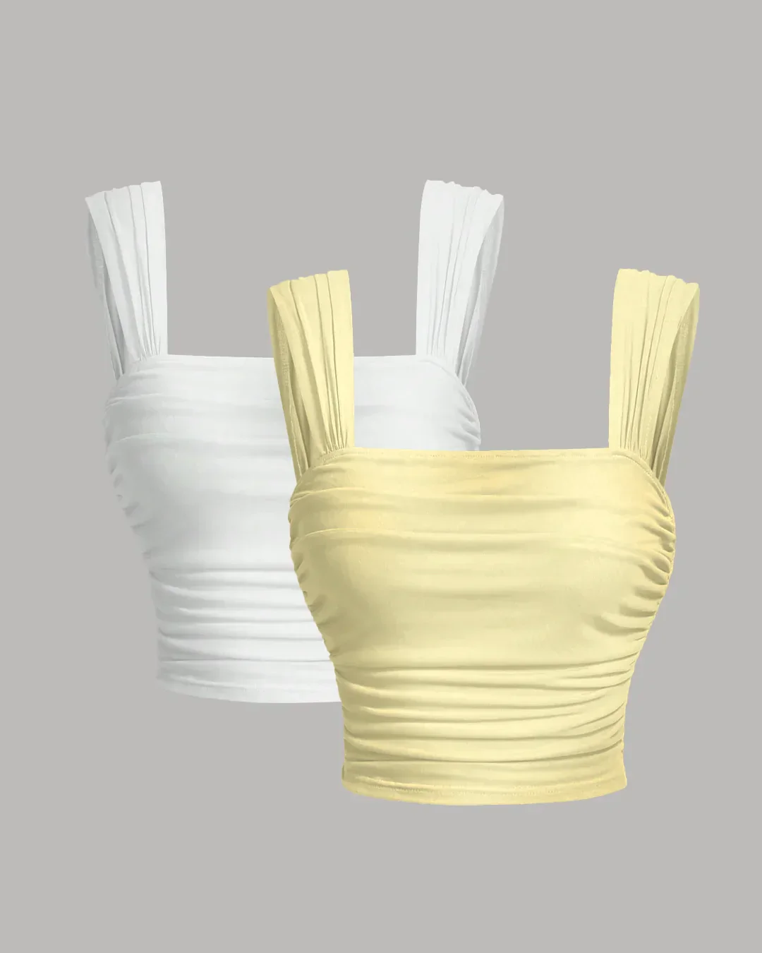 Twin Pack Ruched Square Neck Tops In White and French Vanilla