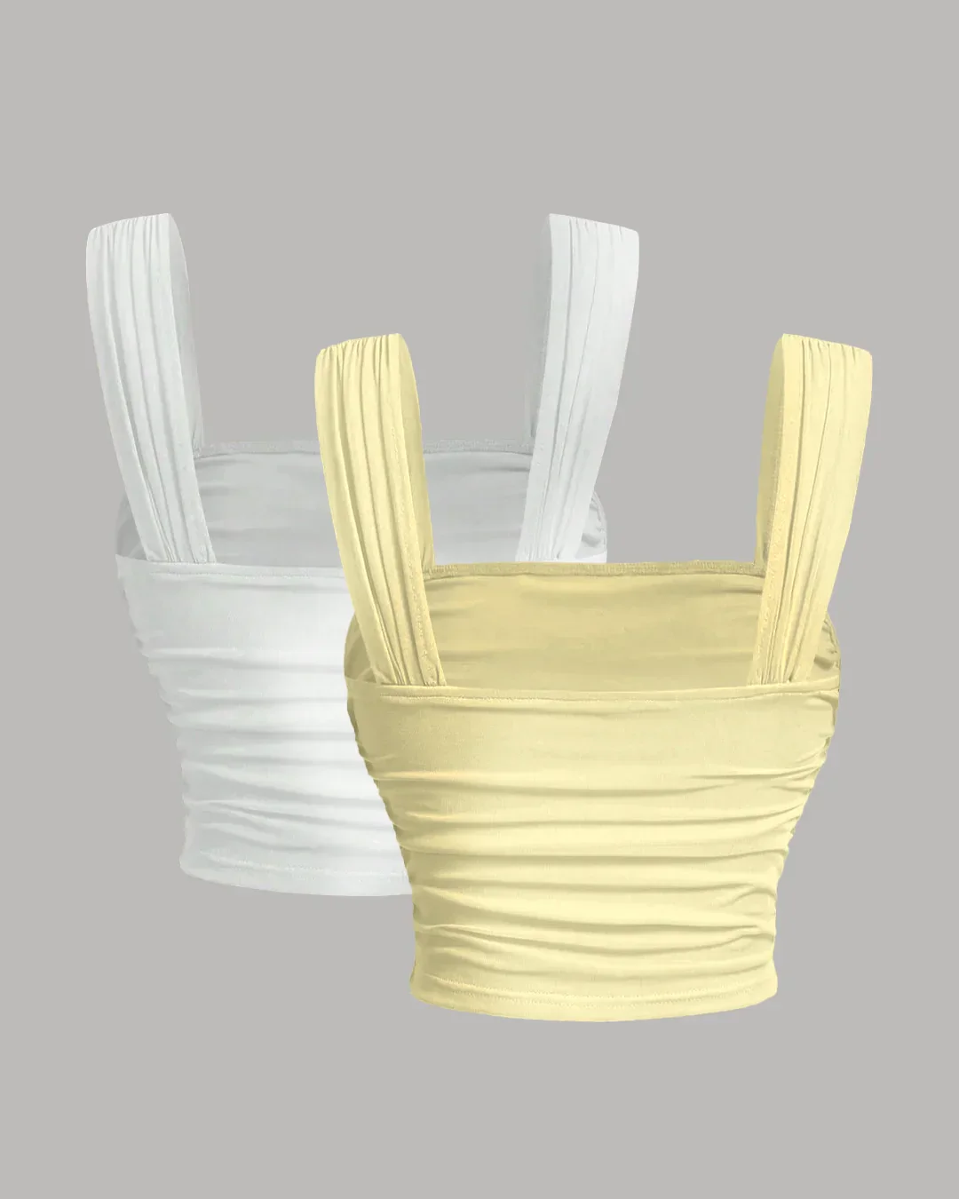 Twin Pack Ruched Square Neck Tops In White and French Vanilla - Image 2