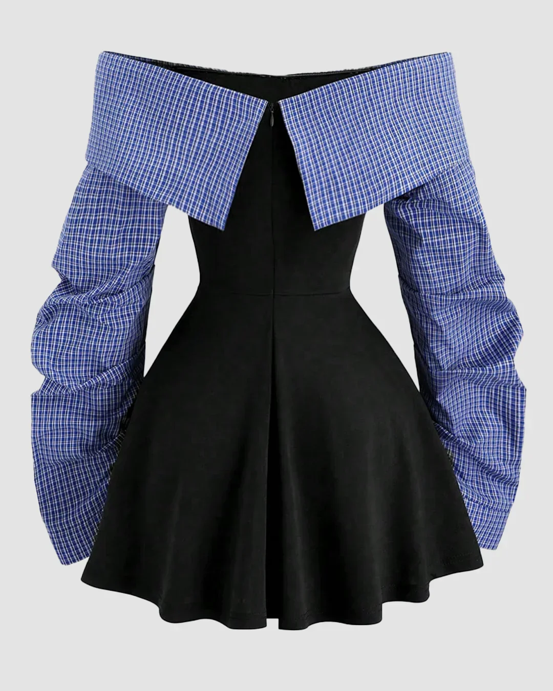 Contrast Checkered Off Shoulder Flared Hem Mini Dress - Image 2
