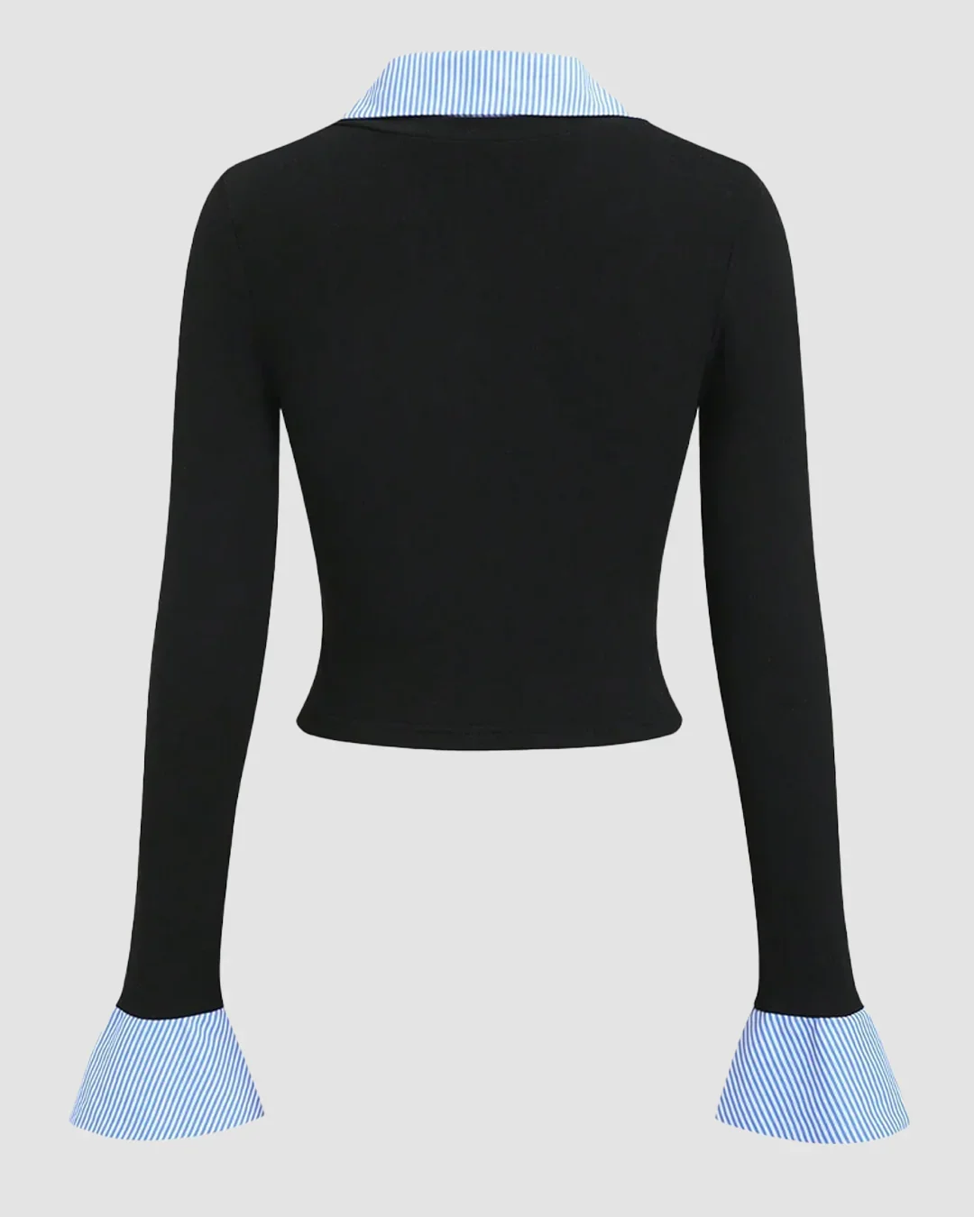 Collared Neck Contrast Cuff Knitted Full Sleeve Top in Blue and Black - Image 2